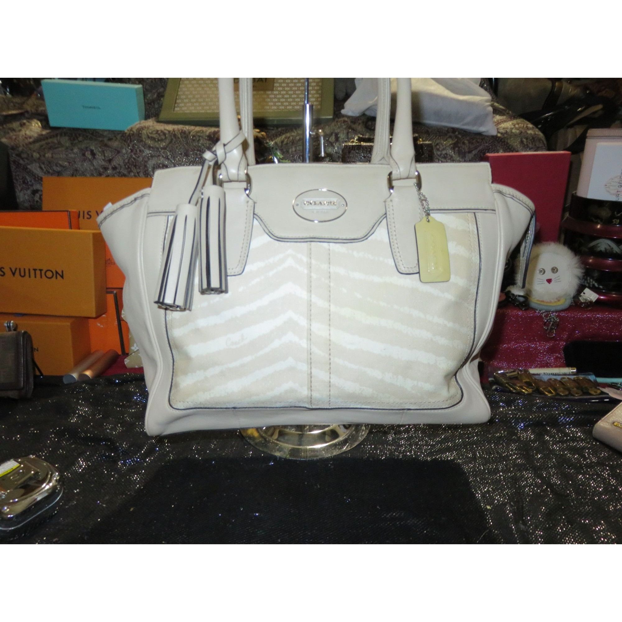 image of Coach Legacy Candace Leather Carryall Cream Zebra Print Satc in Cream/Sand, Women's