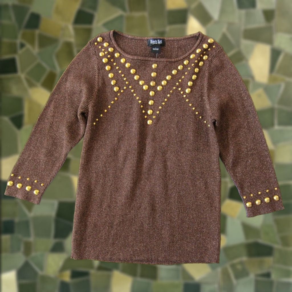 Vintage Objects D'art NWT Brown Metallic Gold Studded 3/4 Sleeve Sweater Large Women Shirt Pullover Round Neck 60% cotton 40% metallic Size L / US 10 / IT 46 - 1 Thumbnail