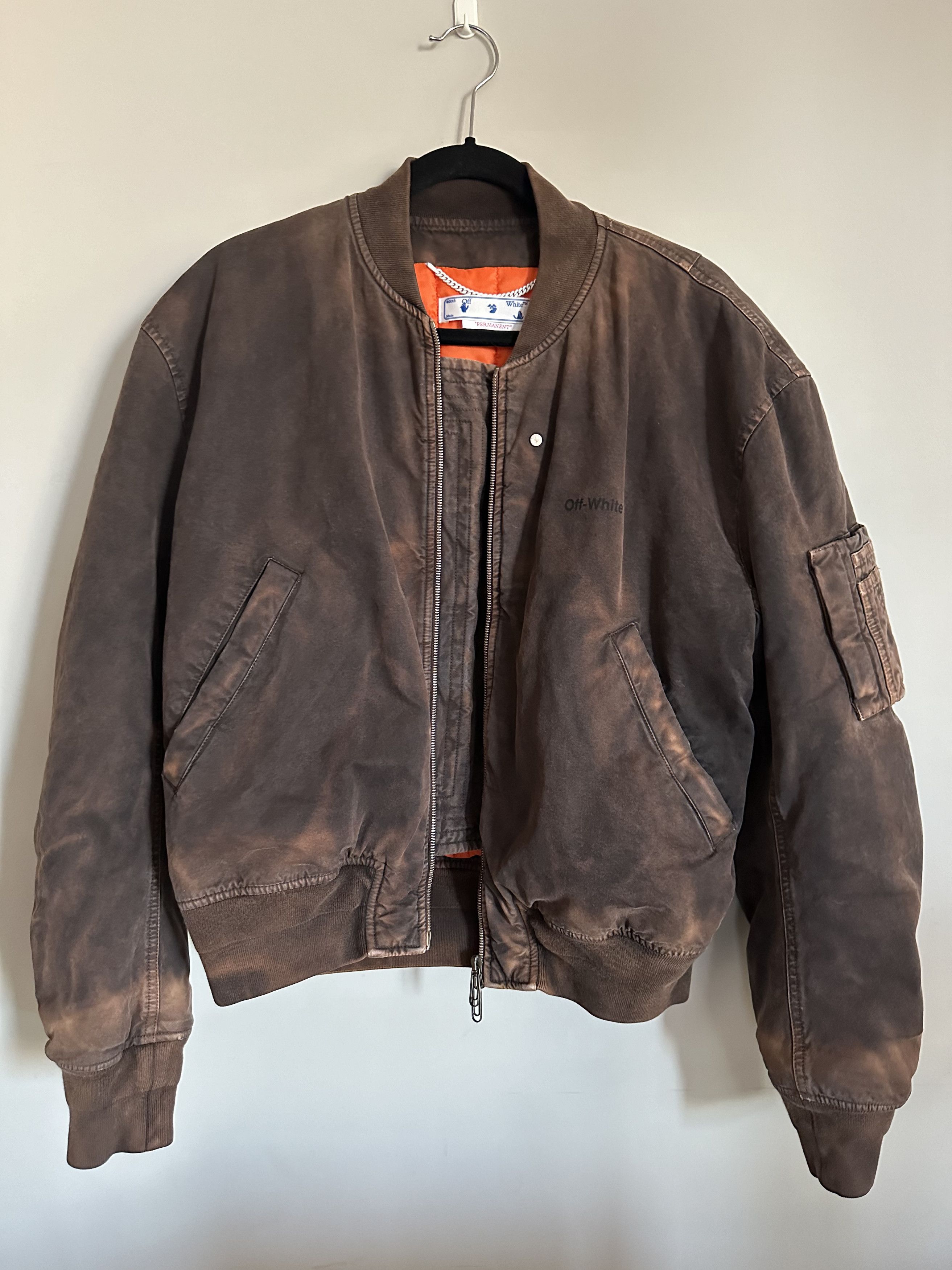 image of Off White Men's Brown Diagonal Vintage Bomber Jacket (Size Medium)