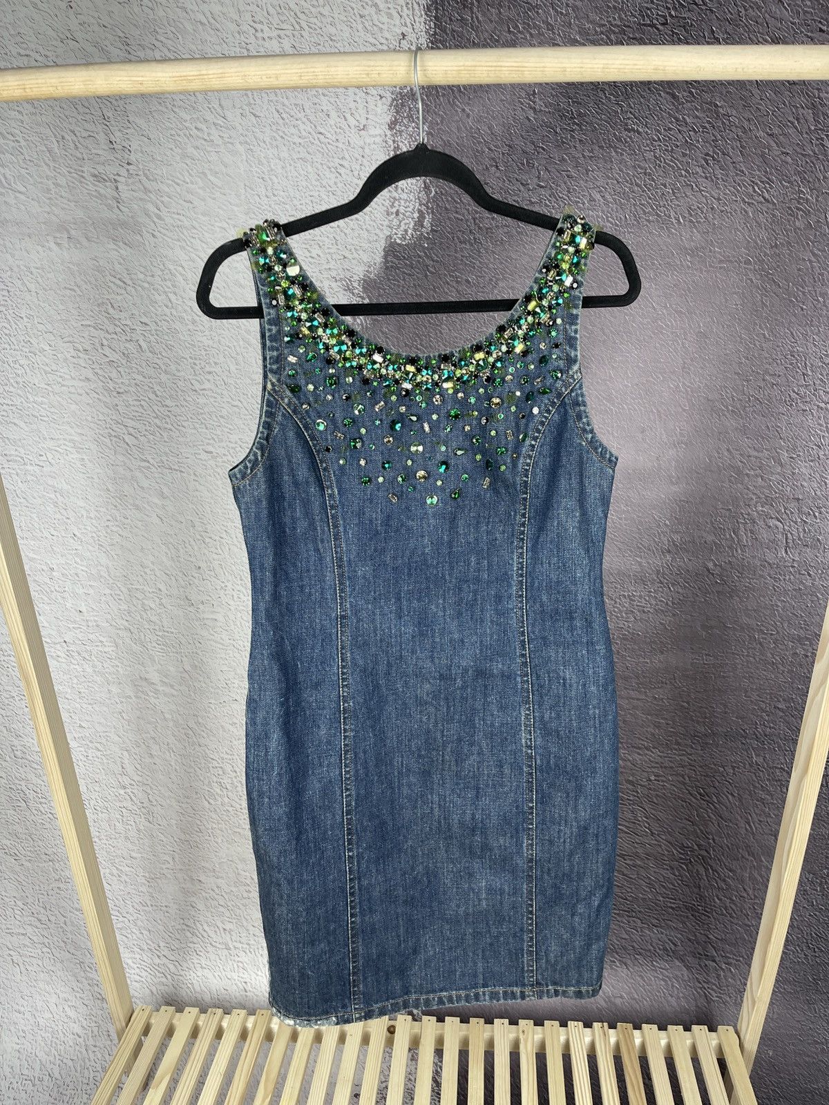 image of Archival Clothing x Miu Miu Prada Denim Embellished Midi Jeans Dress in Blue, Women's (Size Medium)