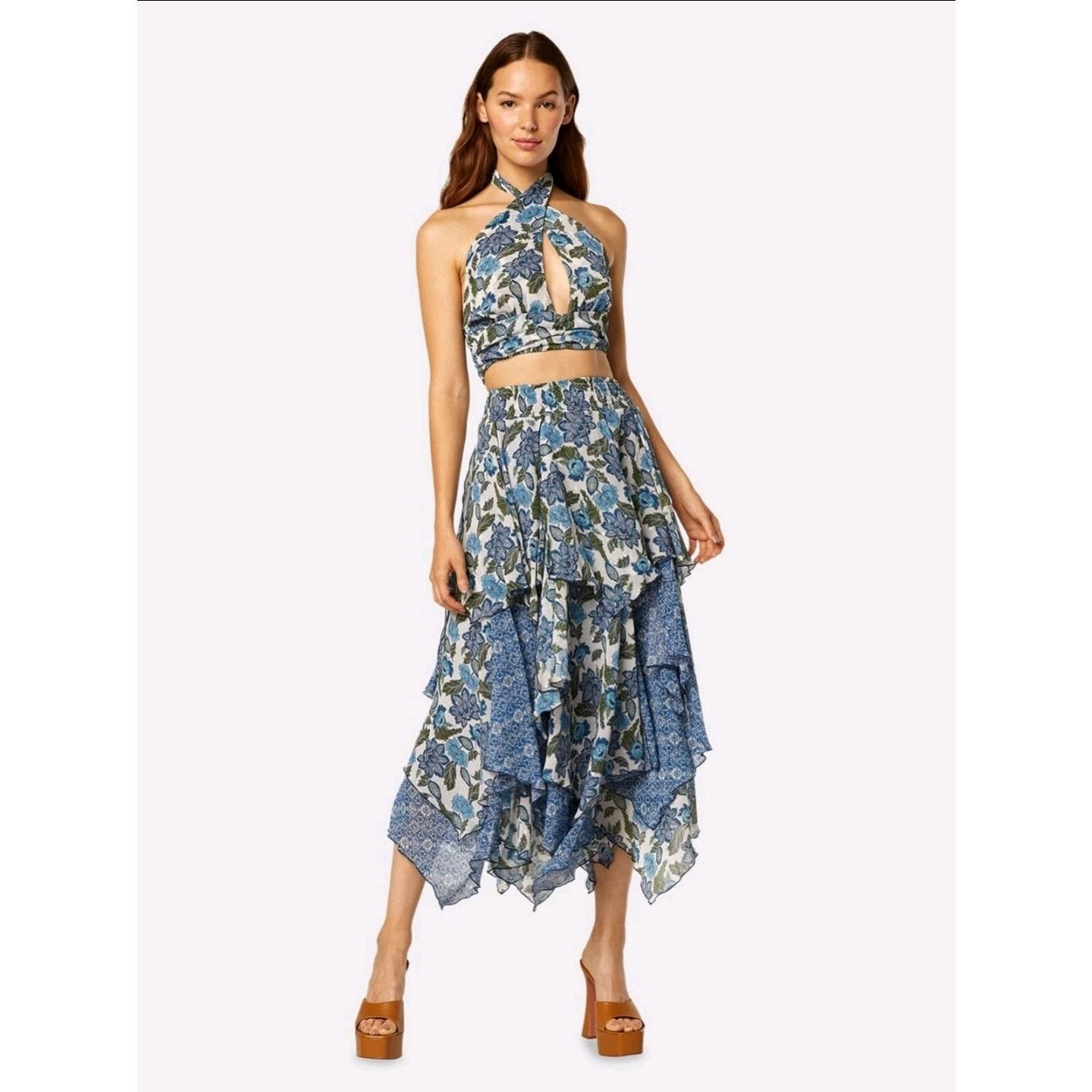 Misa Los Angeles Zoe Floral Tiered Midi Skirt Size Small