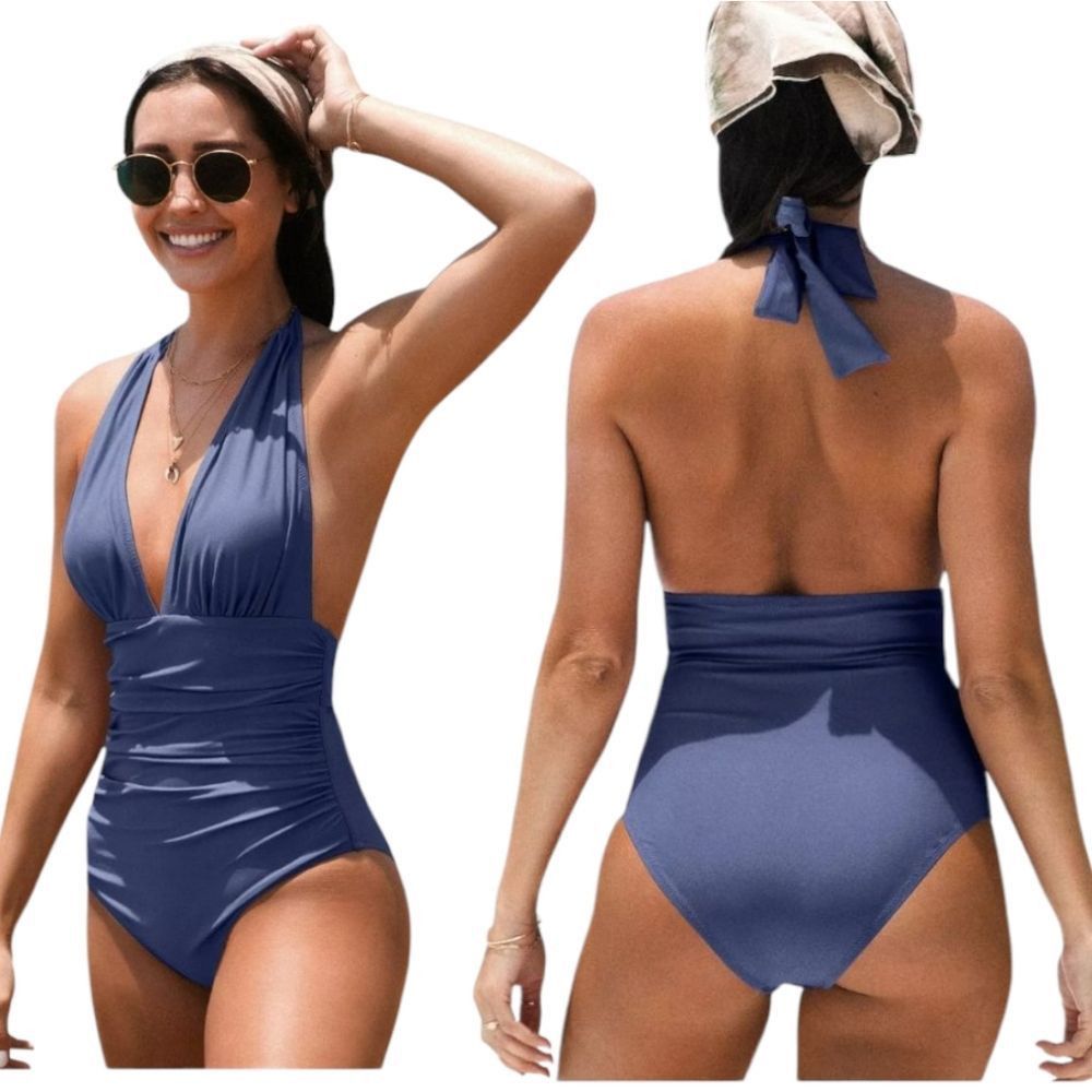 Other Cupshe Bianca Plunge Halter One Piece Ruched Swimsuit Dusty Size XXL / US 16-18 / IT 52-54 - 2 Thumbnail