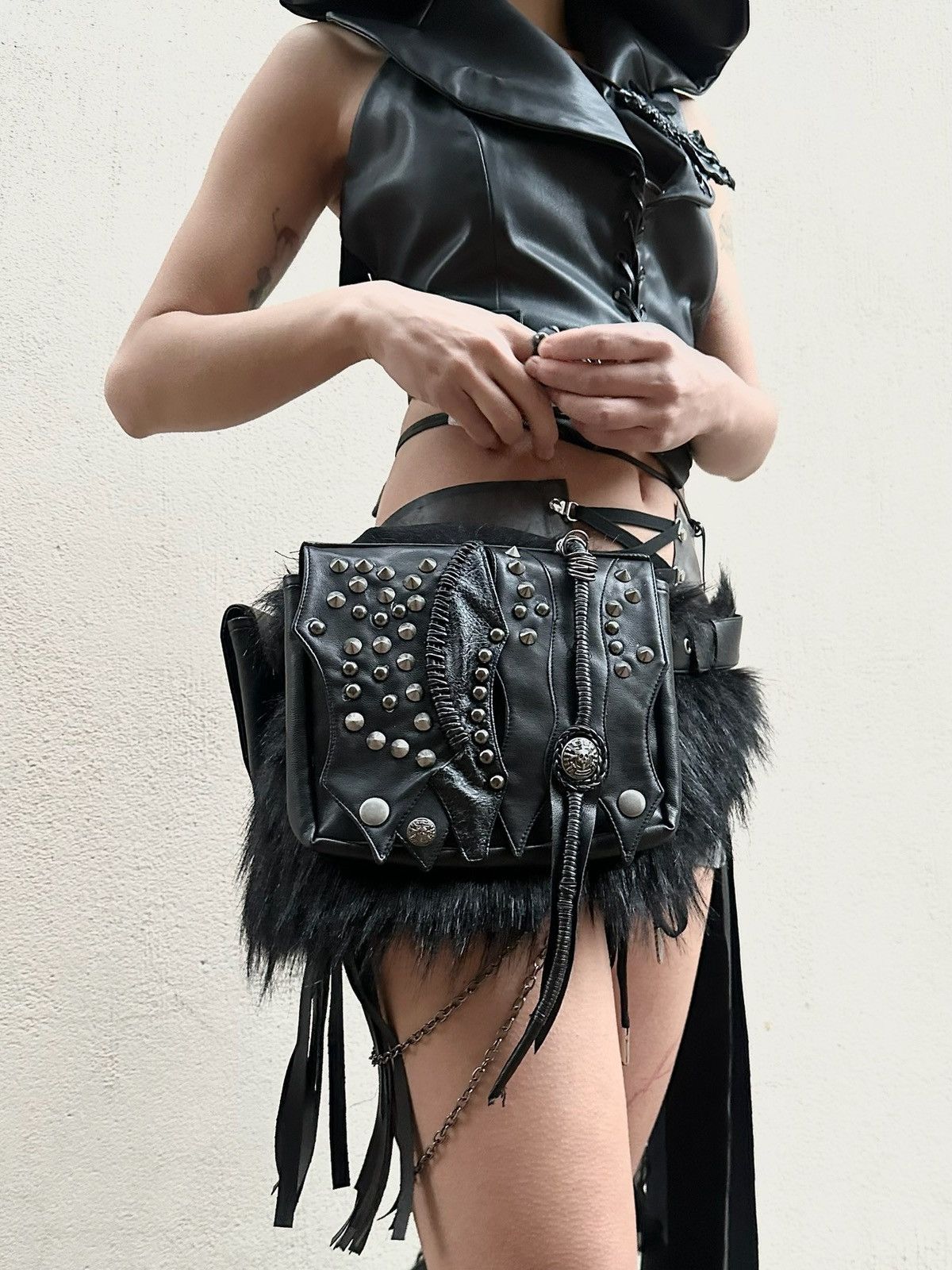 Designer × Japanese Brand visual kei gothic faux leather studded patchwork waist bag Size ONE SIZE - 5 Thumbnail