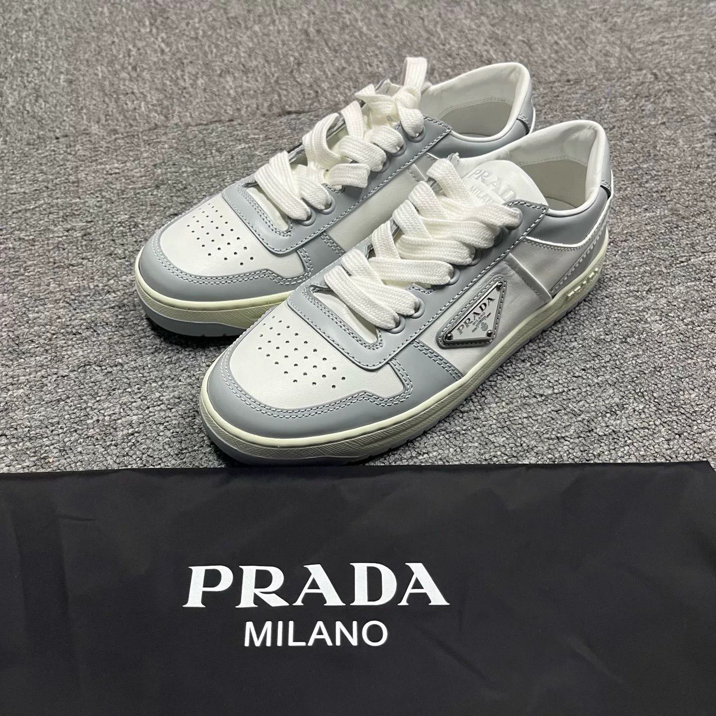 Prada Prada White Gray Leather Low-Top Sneakers Size US 4.5 / IT 34.5 - 1 Thumbnail