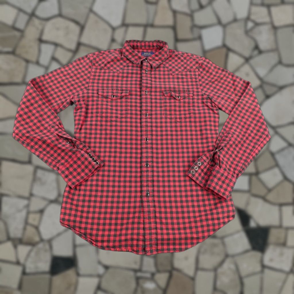 VINTAGE Polo Ralph Lauren Shirt Mens Medium Long Sleeve Gingham Check Western Pearl Snap Red Cotton