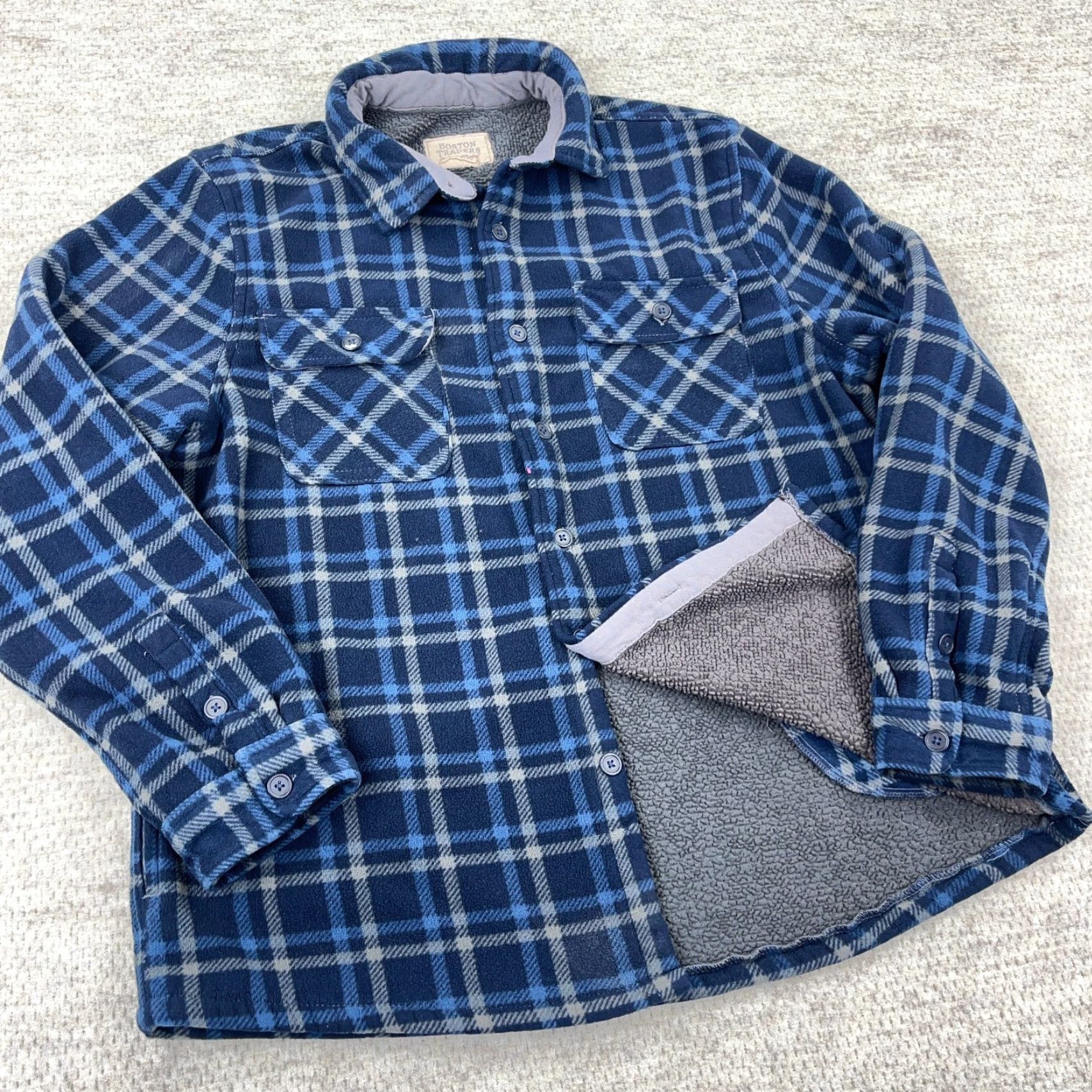 Vintage Boston Traders Shacket Men XL Blue Plaid Fleece Shirt Jacket Sherpa Lined A24* Size US XL / EU 56 / 4 - 2 Thumbnail