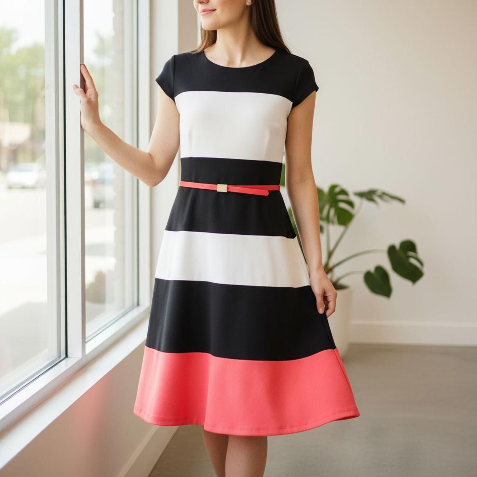 Other R & K Originals Women's Striped Midi Dress w Cap Sleeve/Belt Size L / US 10 / IT 46 - 2 Thumbnail