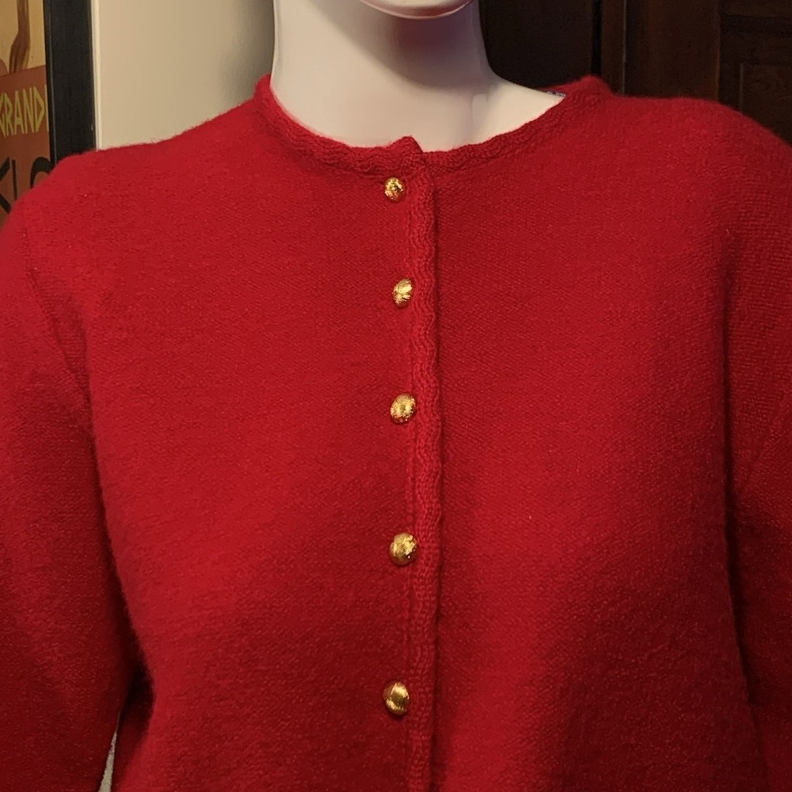 Cherry Karen Scott boxy wool cardigan sweater gold buttons