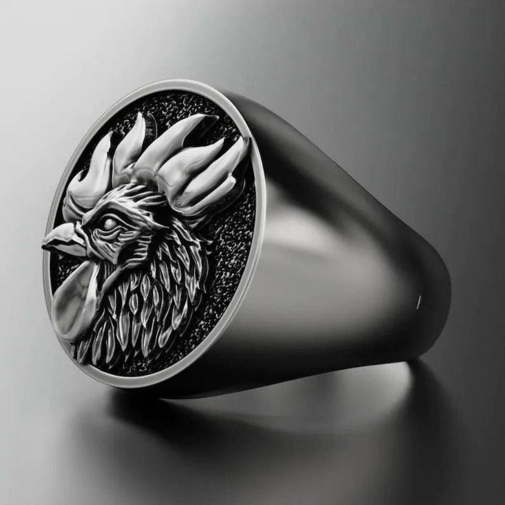 Designer Men's 3D Engraved Rooster Domineering Silver Signet Ring Size ONE SIZE - 5 Thumbnail