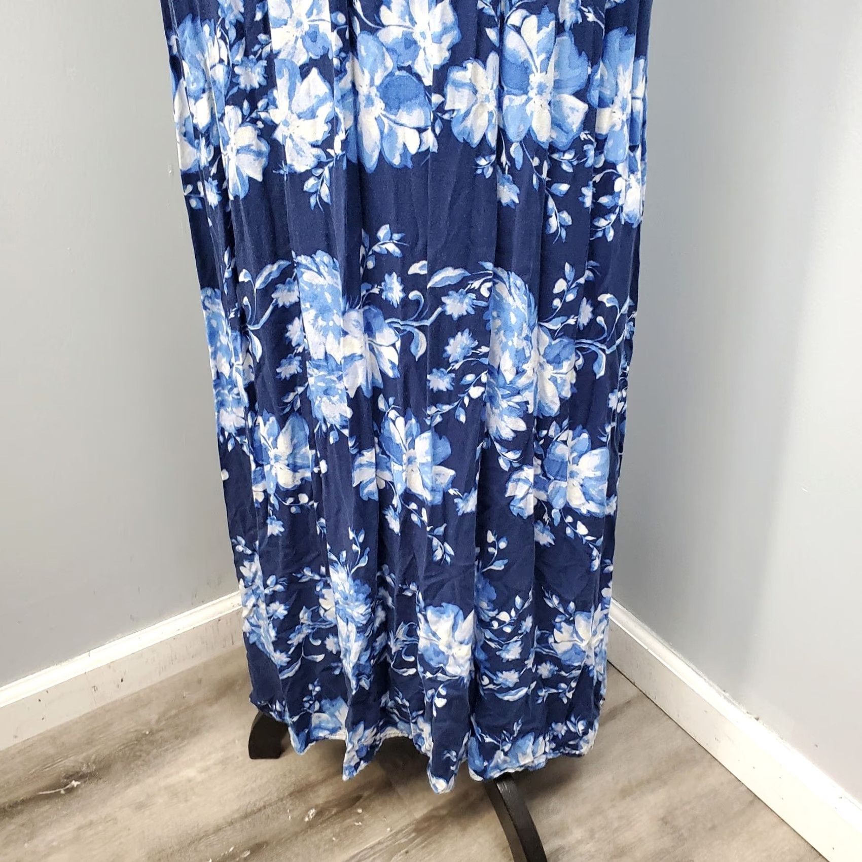Vintage LC Lauren Conrad Maxi Dress Womens M Blue White Floral Cinch Waist Tiered Bodice Dress Size M / US 6-8 / IT 42-44 - 3 Thumbnail
