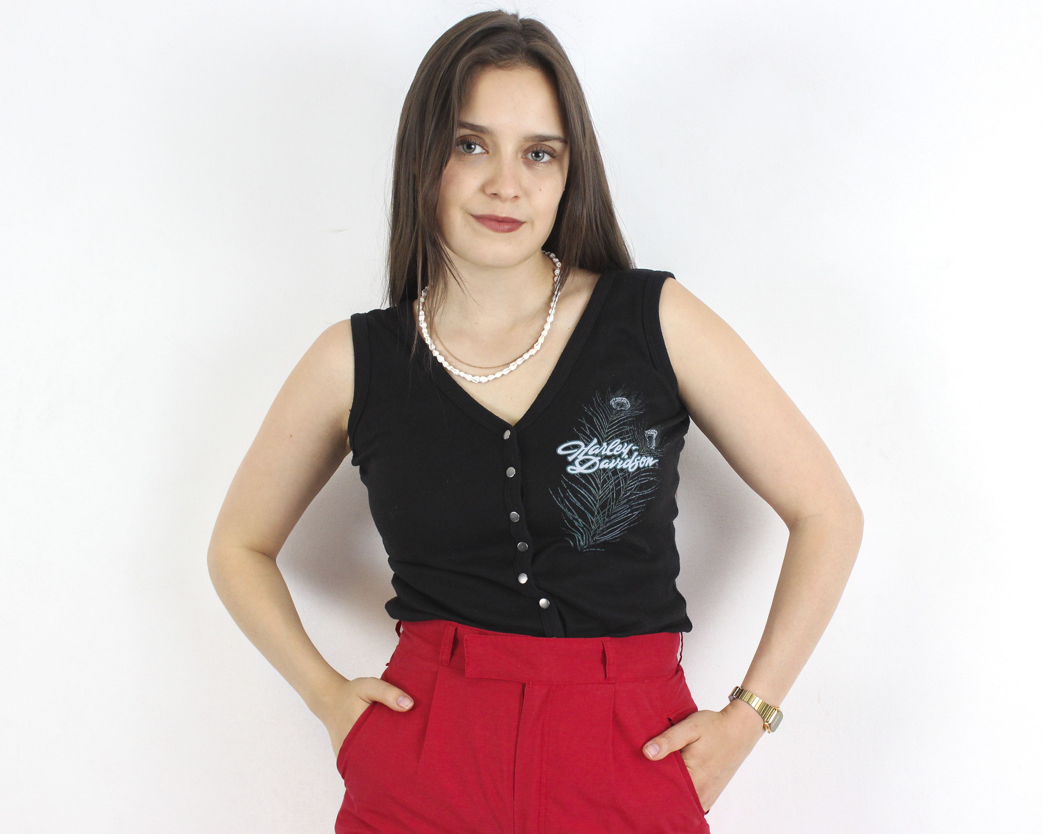 Harley Davidson × Vintage Graphic Print T-Shirt Snap Up Blouse Sleeveless Cotton Tank Size M / US 6-8 / IT 42-44 - 1 Thumbnail