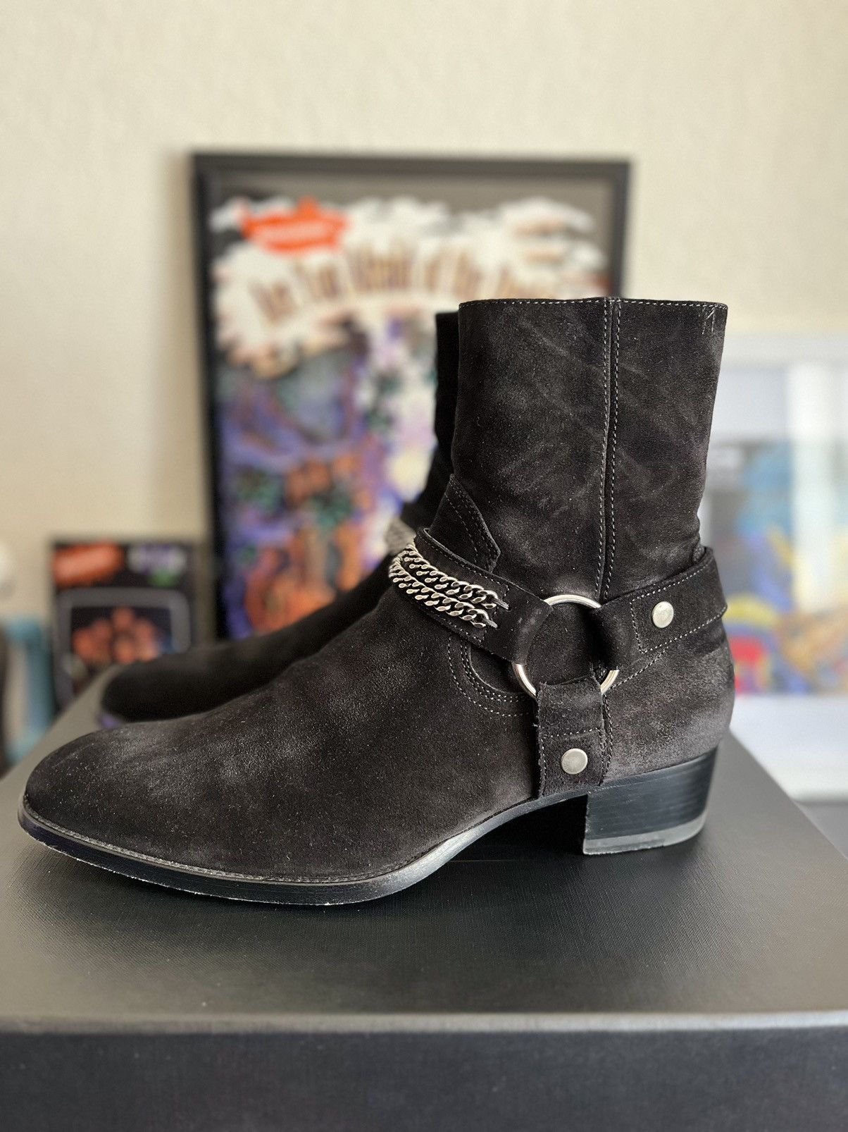 image of Hedi Slimane x Saint Laurent Paris Grail Wyatt 40Mm Chain Suede Boot Harness Black, Men's (Size 8)