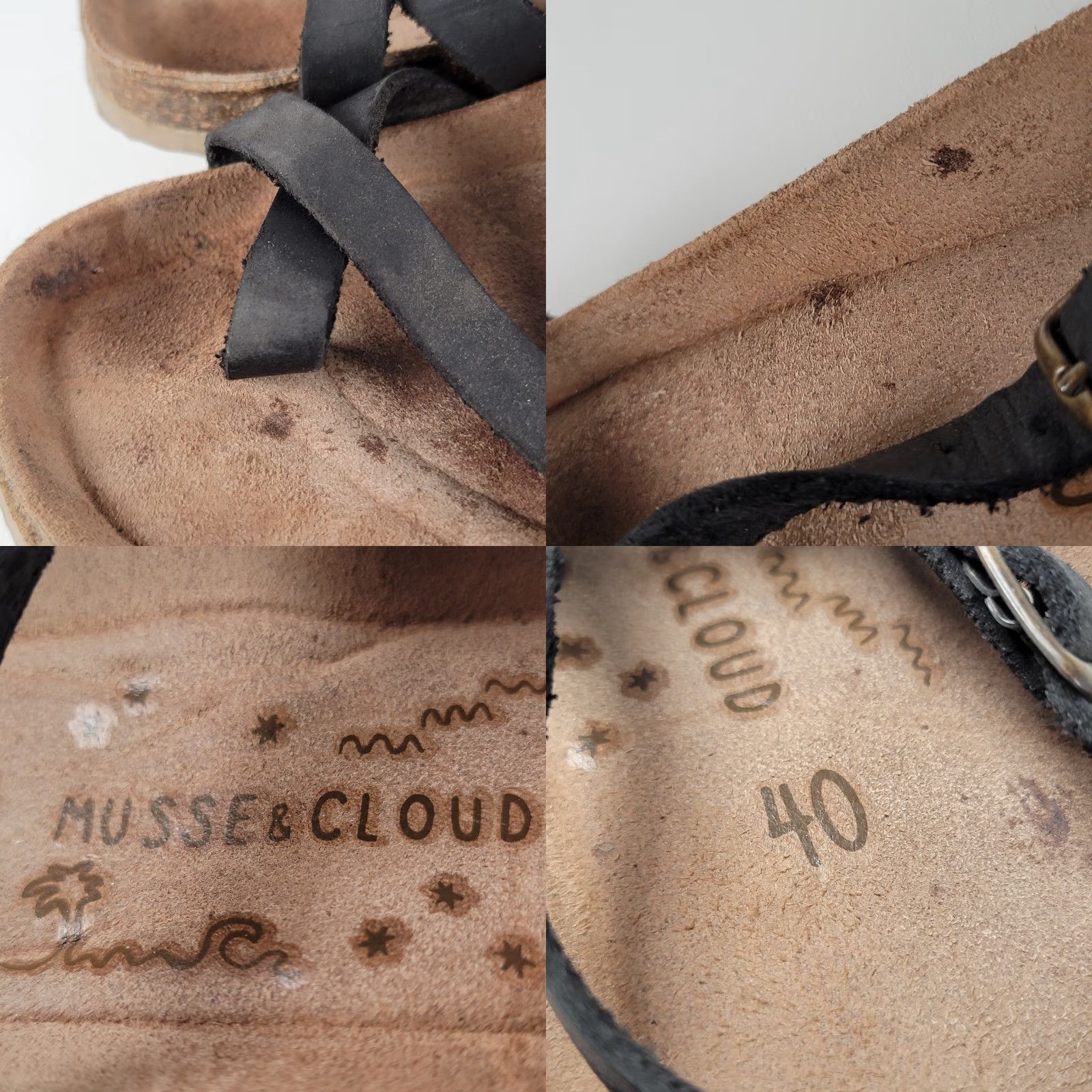 Vintage Musse & Cloud Zucebra Leather Sandals Women 9 Black Flat Strappy Buckle Cork Insole Size US 9 / IT 39 - 8 Thumbnail