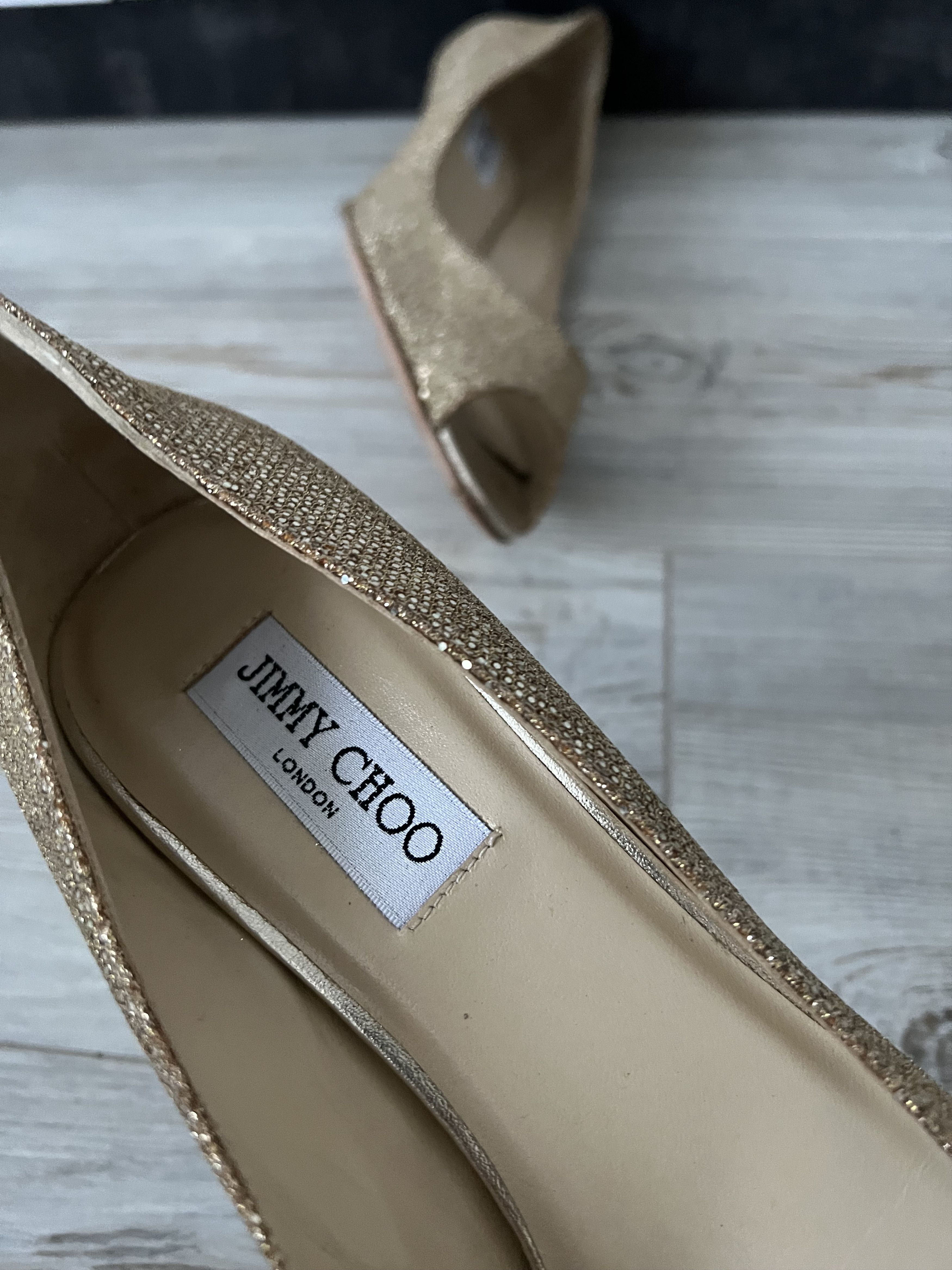 Jimmy Choo Jimmy Choo Gold Glitter Peep Toe Leather Heels Size 40 Size US 10 / IT 40 - 8 Thumbnail