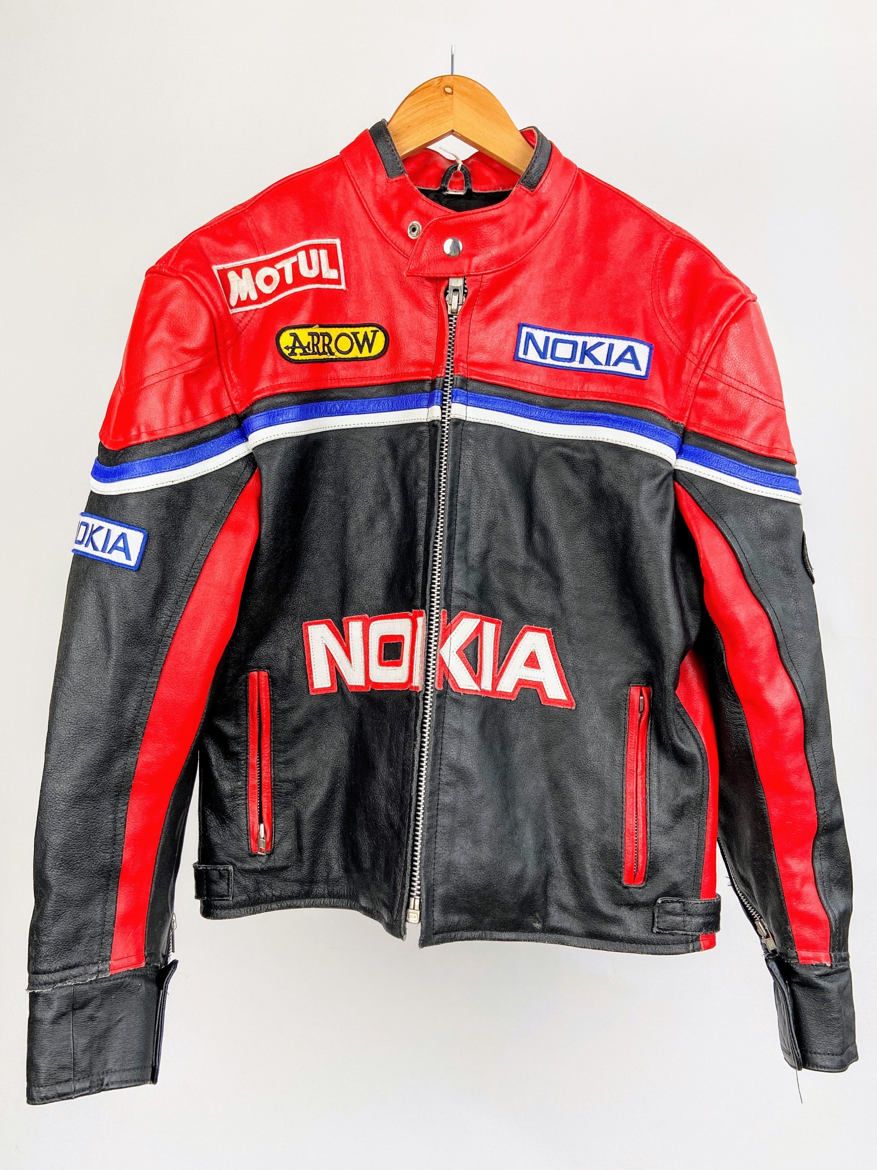 image of Nokia Vintage Leather Jacket Streetwear in Black Red, Men's (Size Medium)
