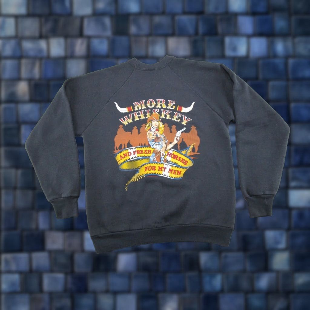Fruit Of The Loom VINTAGE Fruit of the Loom Sweatshirt Men Size L More Whiskey for my Men Raglan Sleeve Crew Neck Black Western Cowgirl Hooded All Seasons Size US L / EU 52-54 / 3 - 1 Thumbnail