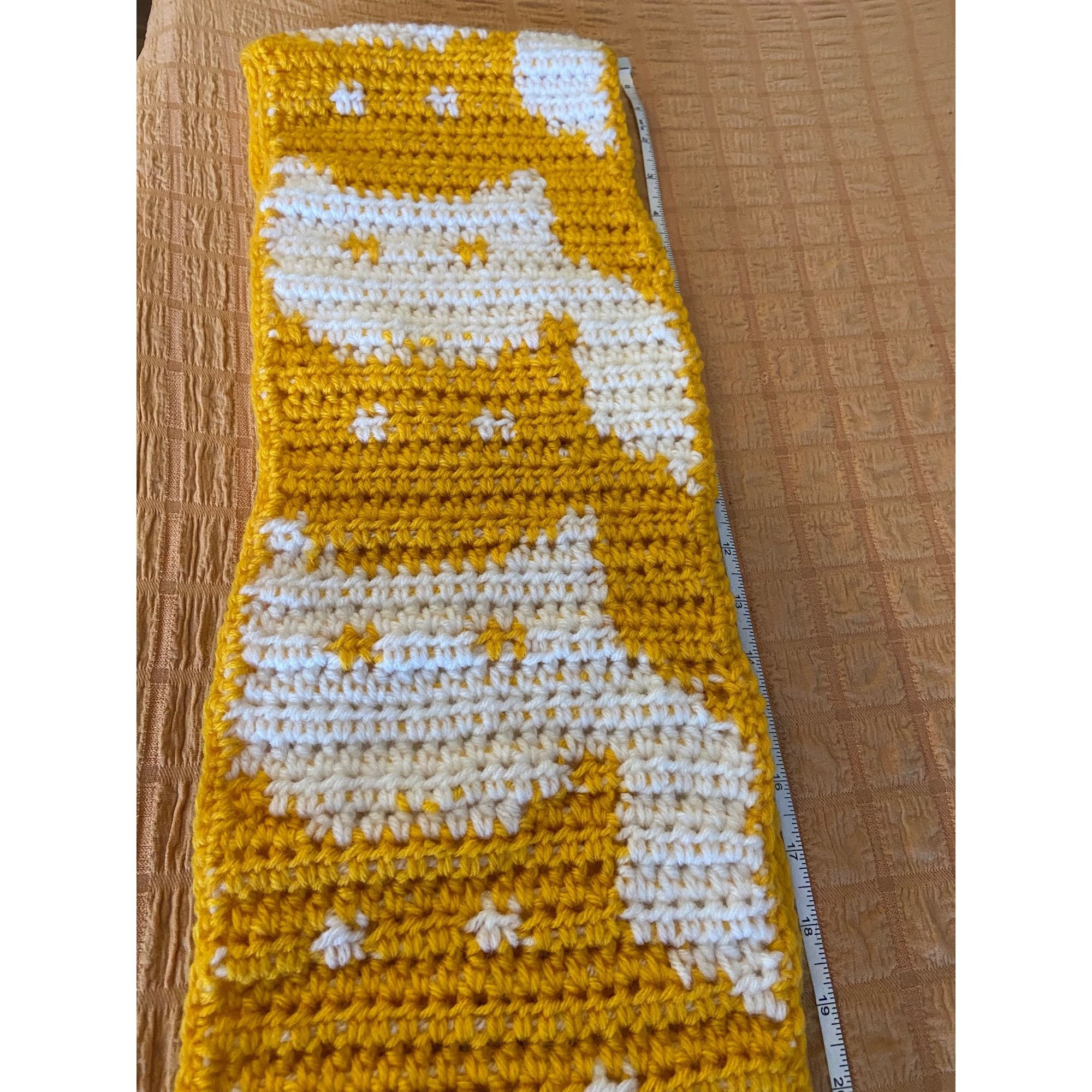 Other Handmade Crochet Winter Scarf Cat Motif Yellow/White W/5” Fr Size ONE SIZE - 12 Thumbnail