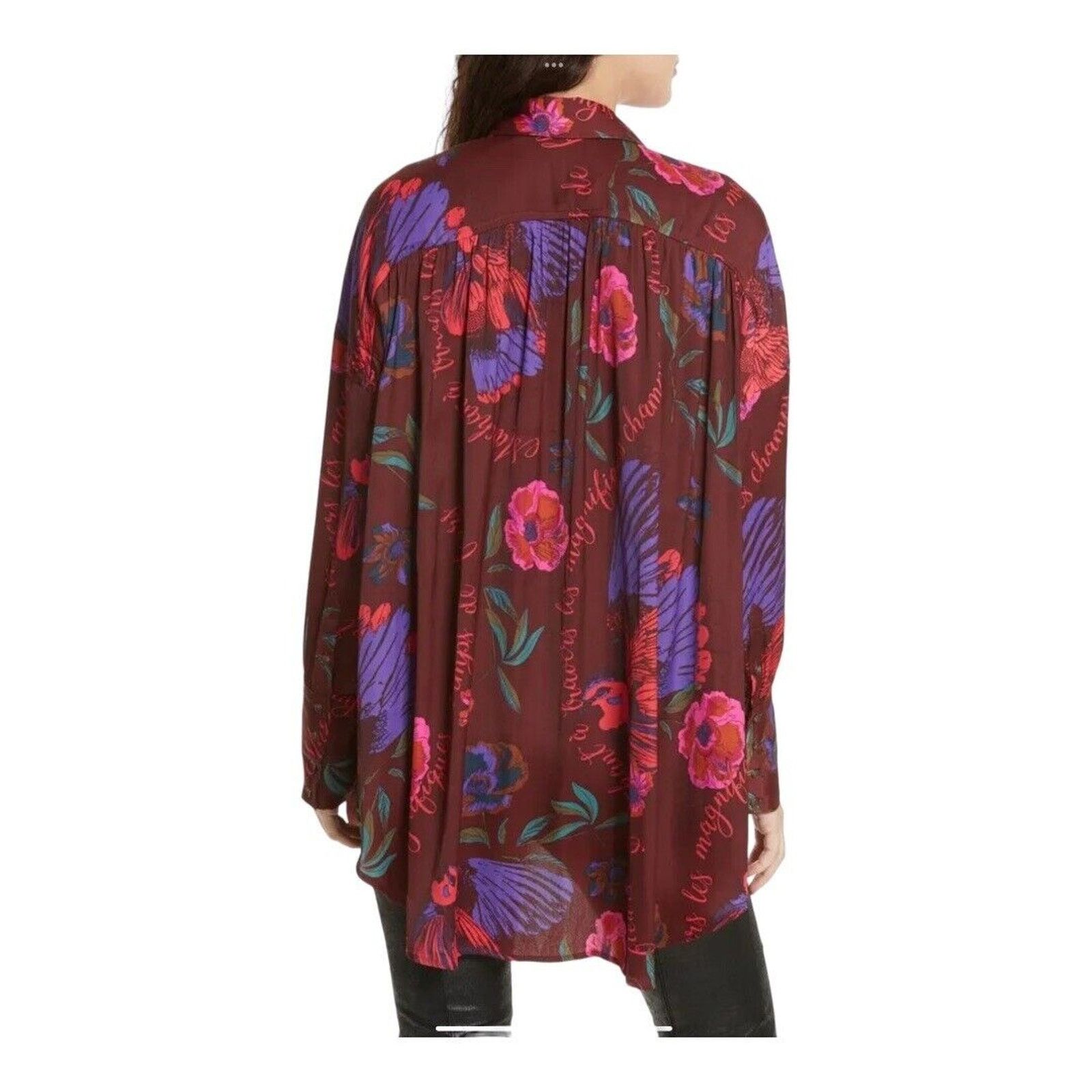 Free People Free People Silky Nights Blouse XS Cranberry Red Floral Size XS / US 0-2 / IT 36-38 - 2 Thumbnail