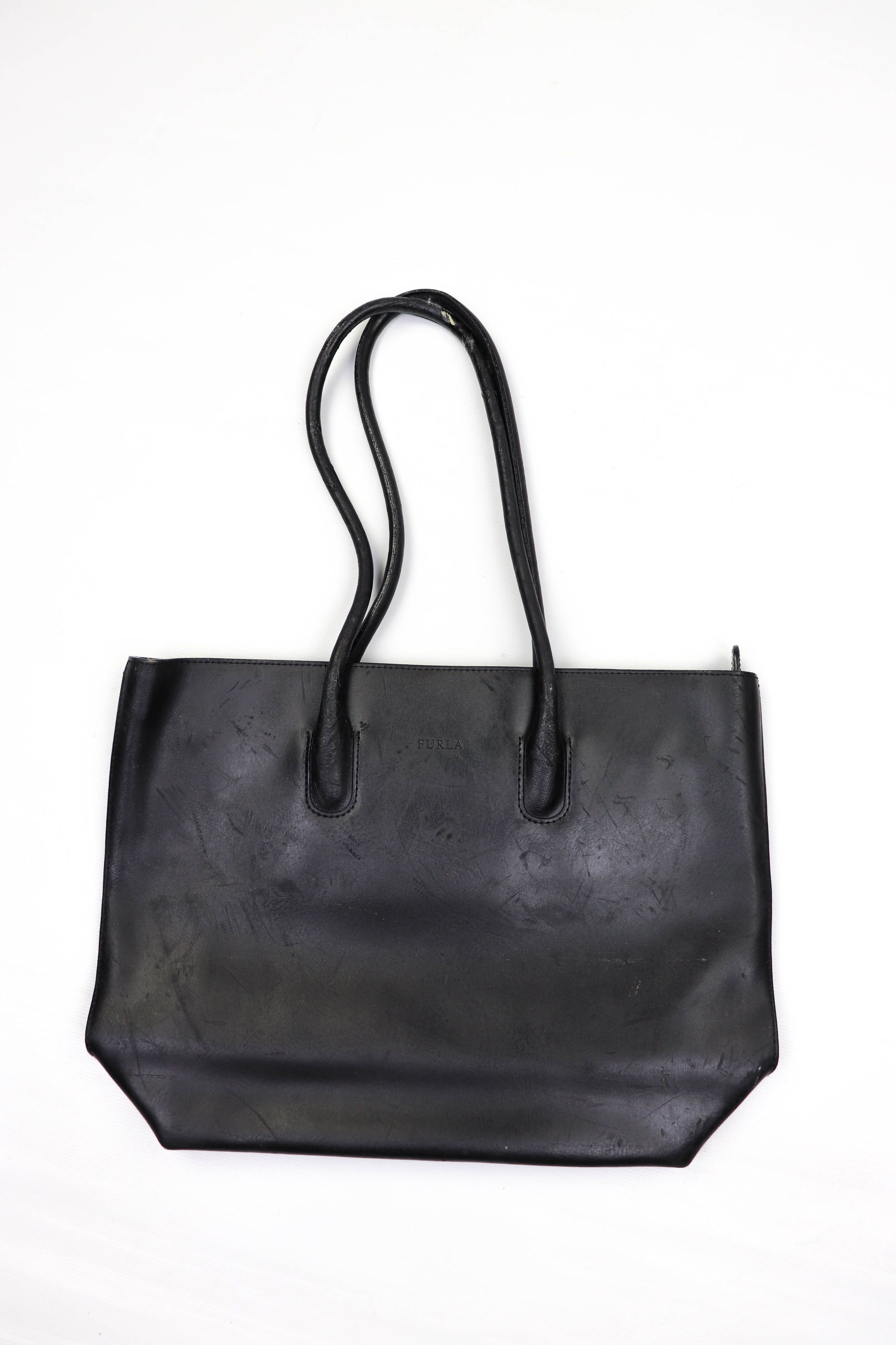 FURLA Vintage Distressed Black Leather Hand Shoulder Bag
