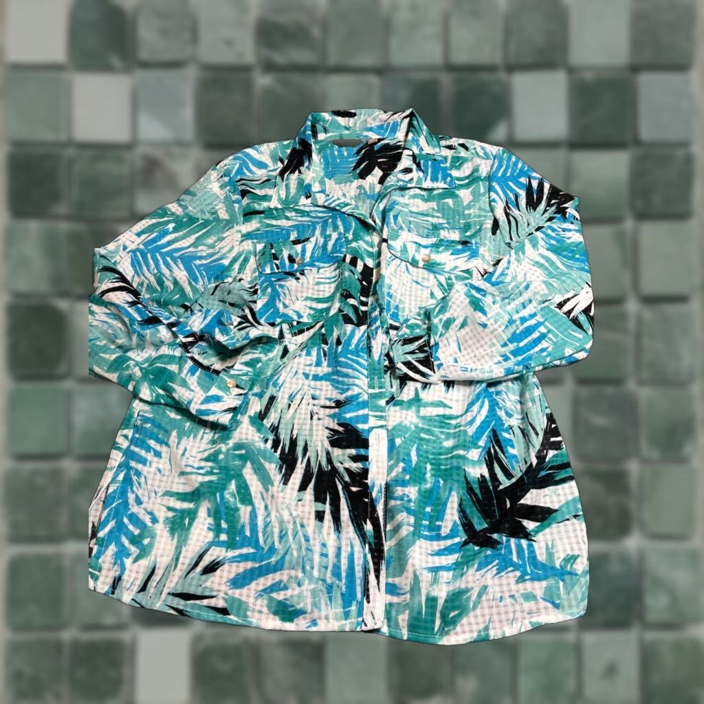 Vintage Coral Bay Top Womens XL Long Sleeve Button-Up Blouse Blue Tropical Floral Shirt Size XL / US 12-14 / IT 48-50 - 1 Thumbnail