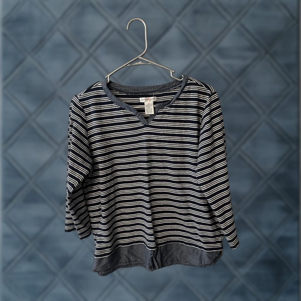 Vintage Hasting & Smith Blouse Women Petite Small Blue Striped 3/4 Sleeve V Neck PS Casual Womens Size S / US 4 / IT 40 - 1 Thumbnail