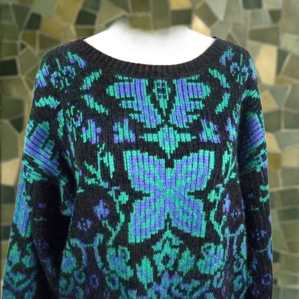 Vintage VINTAGE Carducci Sweater Womens 80s Floral Knit Acrylic Long Sleeve L Black Green Blue Bohemian Fall Winter Pullover Size L / US 10 / IT 46 - 1 Thumbnail