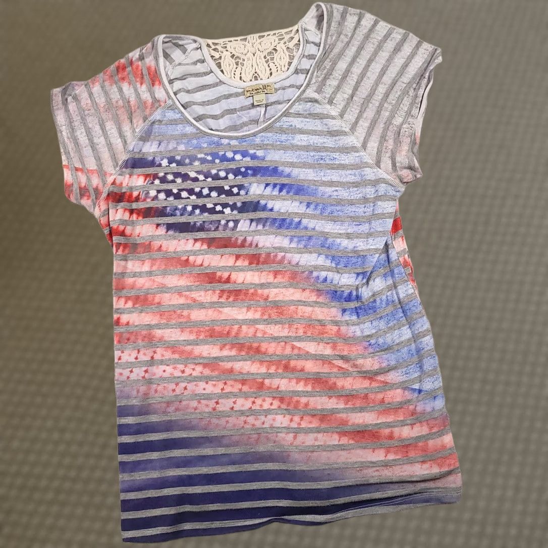 Vintage VINTAGE One World Shirt Womens XL Gray Red Blue Striped Lace Back Boho Patriotic Top Size XL / US 12-14 / IT 48-50 - 1 Thumbnail