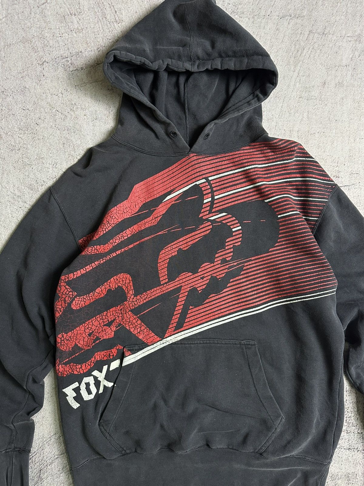 Fox Racing × Vintage Vintage Fox Racing Big Logo Pullover Hoodie Thrashed Size US L / EU 52-54 / 3 - 2 Thumbnail