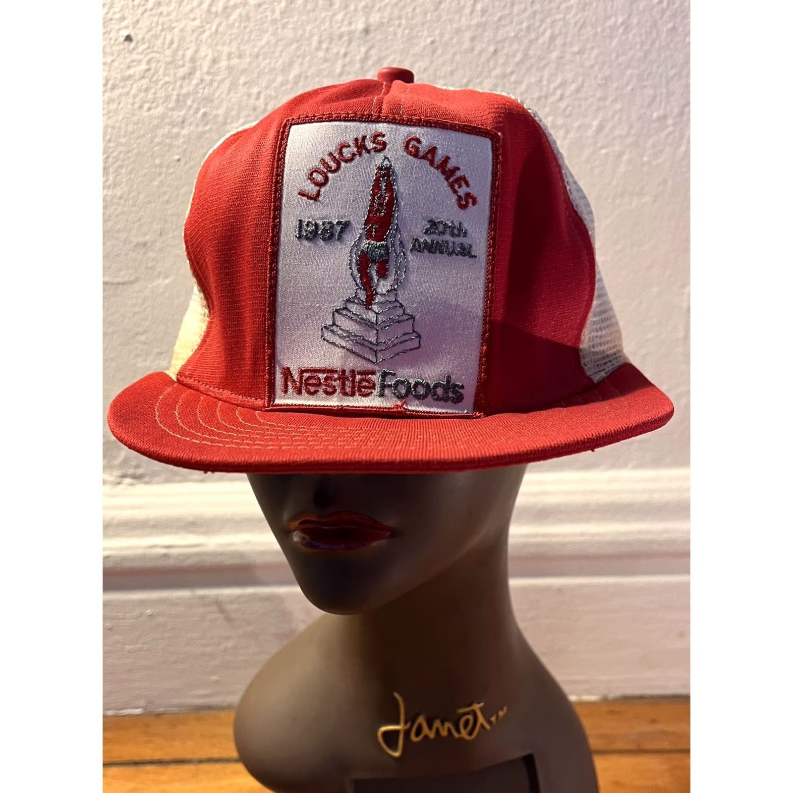 Vintage VINTAGE Nestle Loucks Games 1987 Trucker Hat Men’s Red 80s Baseball Adjustable Snapback Hat Size ONE SIZE - 2 Thumbnail