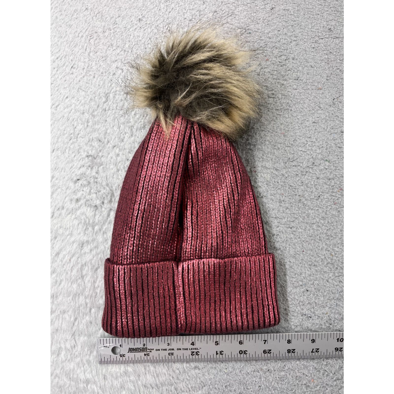 Vintage Scoop Beanie Toque Adult One Size Burgundy Knit Metallic Acrylic Poly Ski Pom Beanie/Scoop Mens Womens Unisex Size ONE SIZE - 4 Thumbnail