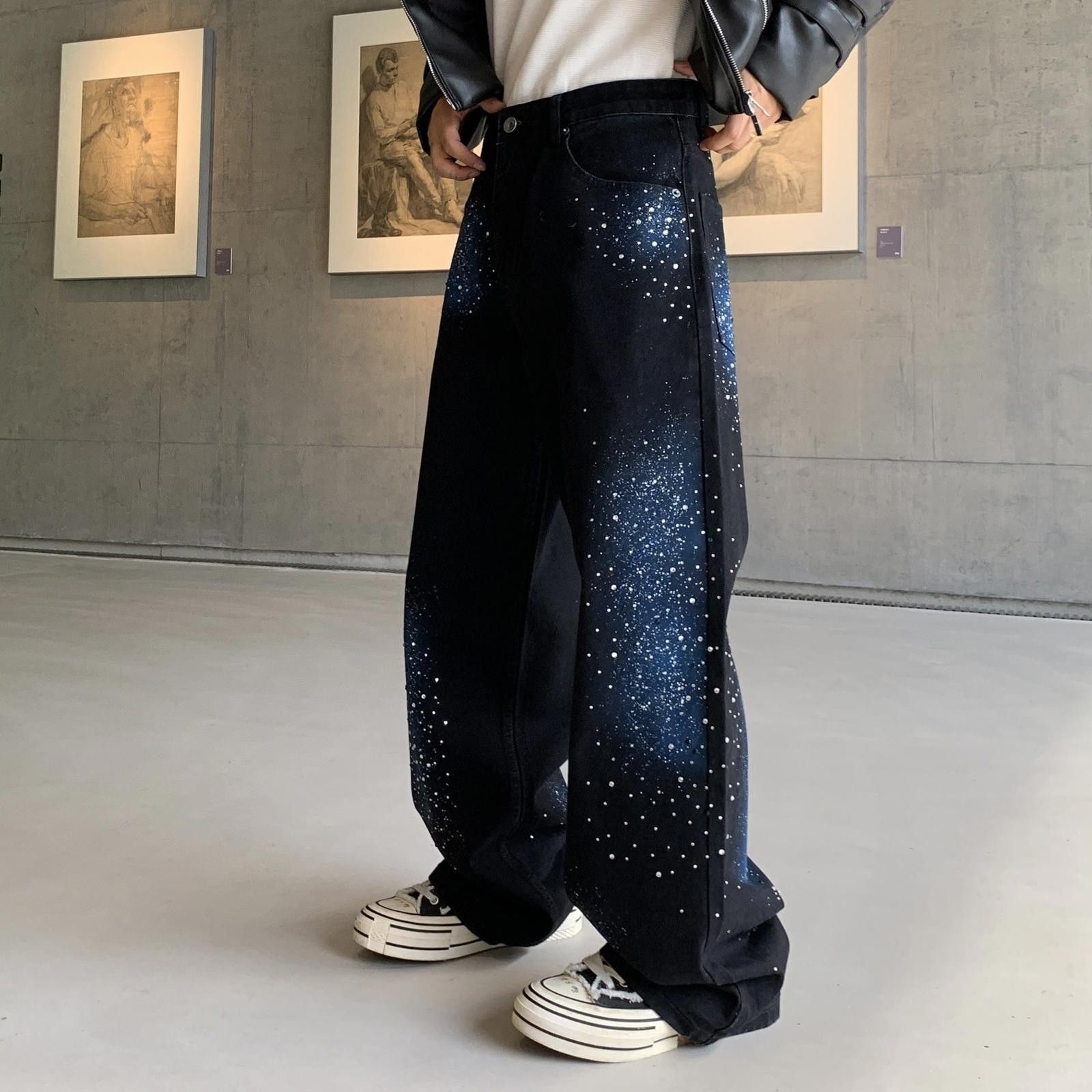 Japanese Brand Black Galaxy Print Wide Leg Jeans, Baggy Denim Pants Size US 32 / EU 48 - 3 Thumbnail