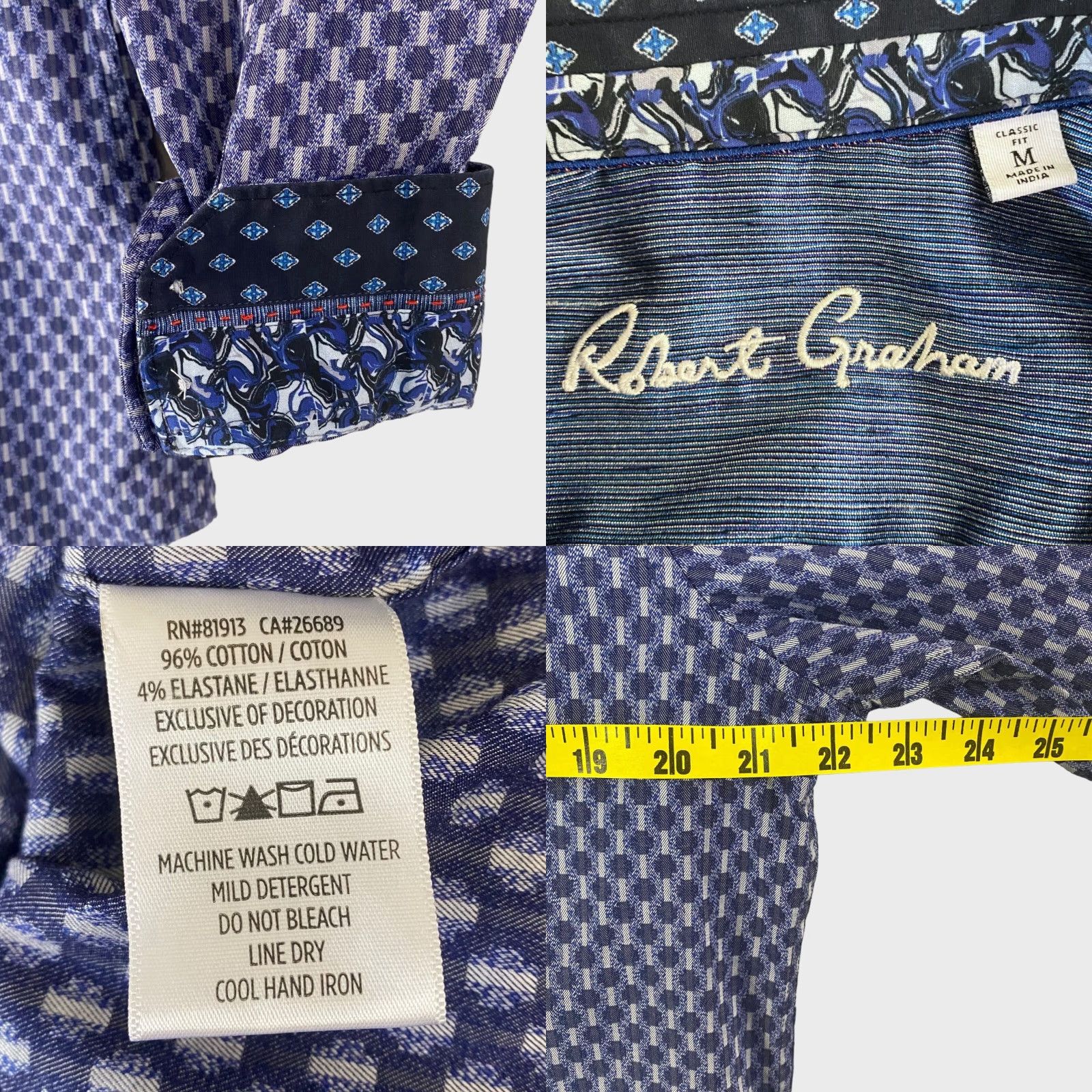 Robert Graham Robert Graham Geometric Button-Up Shirt Blue Mens M Contrast Cuffs Stretch Shirt Size US M / EU 48-50 / 2 - 8 Thumbnail