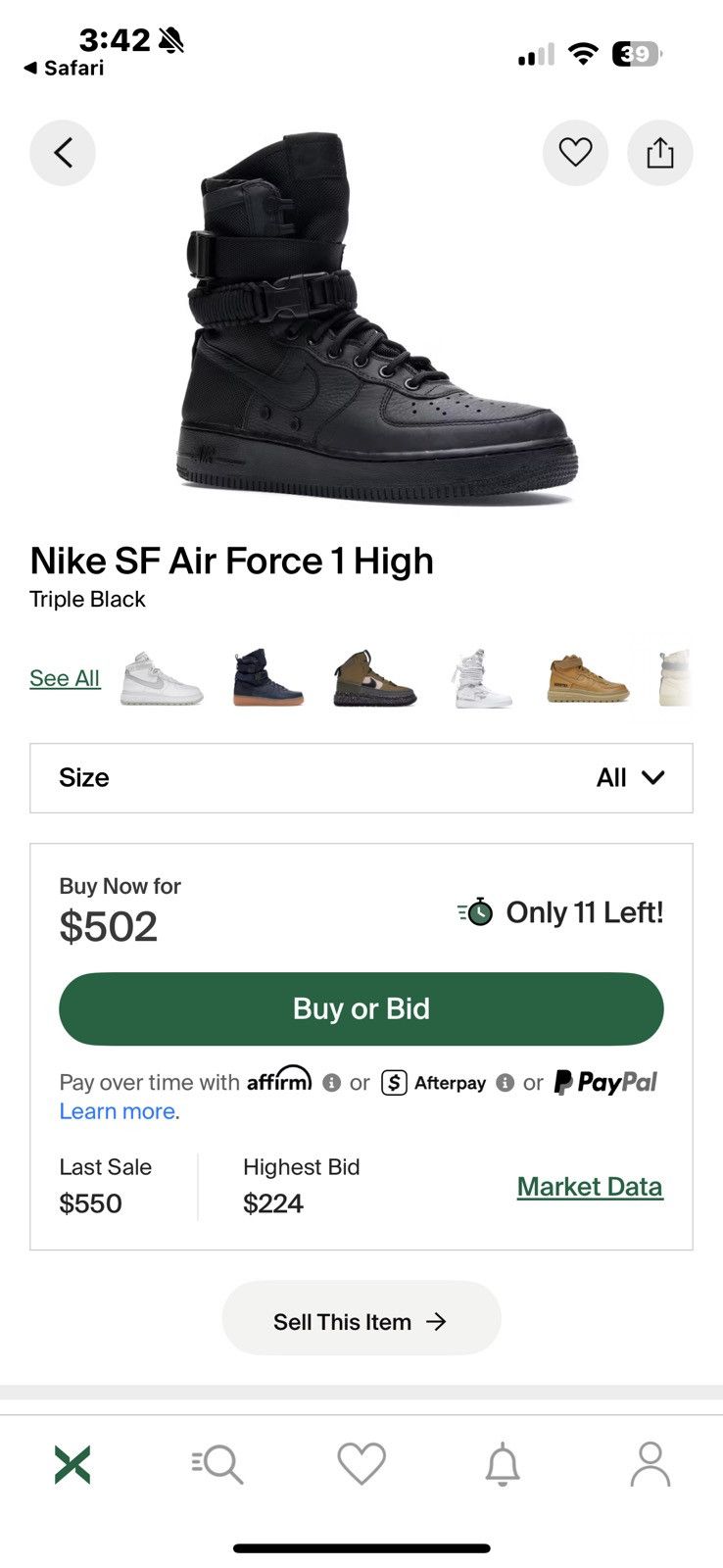 Nike NIKE SF AIR FORCE 1 ‘TRIPLE BLACK’ HIGH Size US 10 / EU 43 - 2 Thumbnail