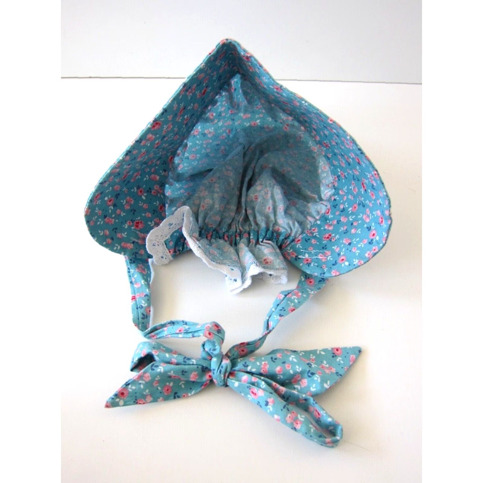 Vintage Vintage Handmade Pink Blue Cotton Floral Rose Hat Hood Cap Chapeau Bonnet S-M Womens Size ONE SIZE - 5 Thumbnail