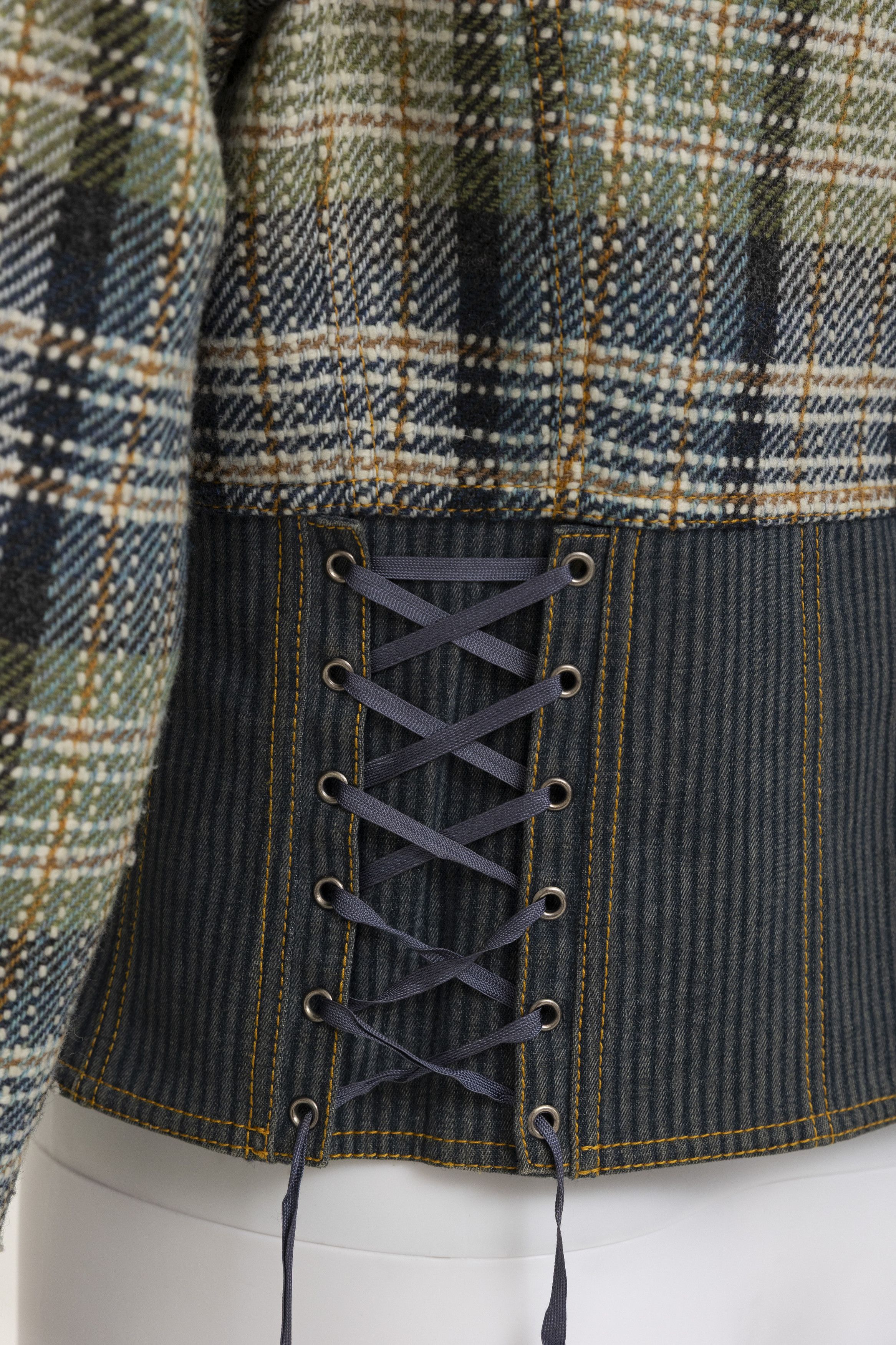 John Galliano Spring 2005 Chequered Bondage Green and Blue Silk Jacket Size M / US 6-8 / IT 42-44 - 10 Thumbnail