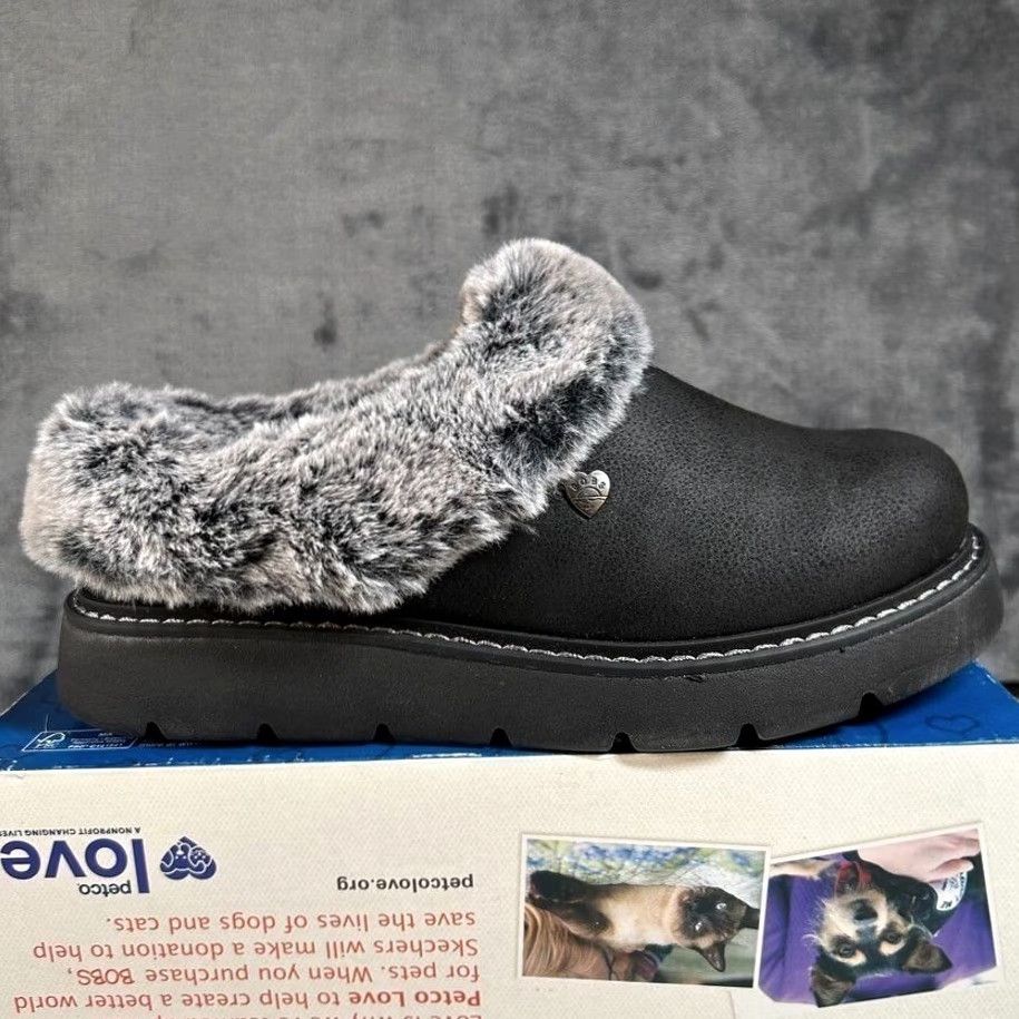 SKECHERS Skechers BOBS Slippers Womens 6 Black Faux Fur Trim Memory Foam Platform Slip On Cozy Warm Comfort Size ONE SIZE - 2 Thumbnail