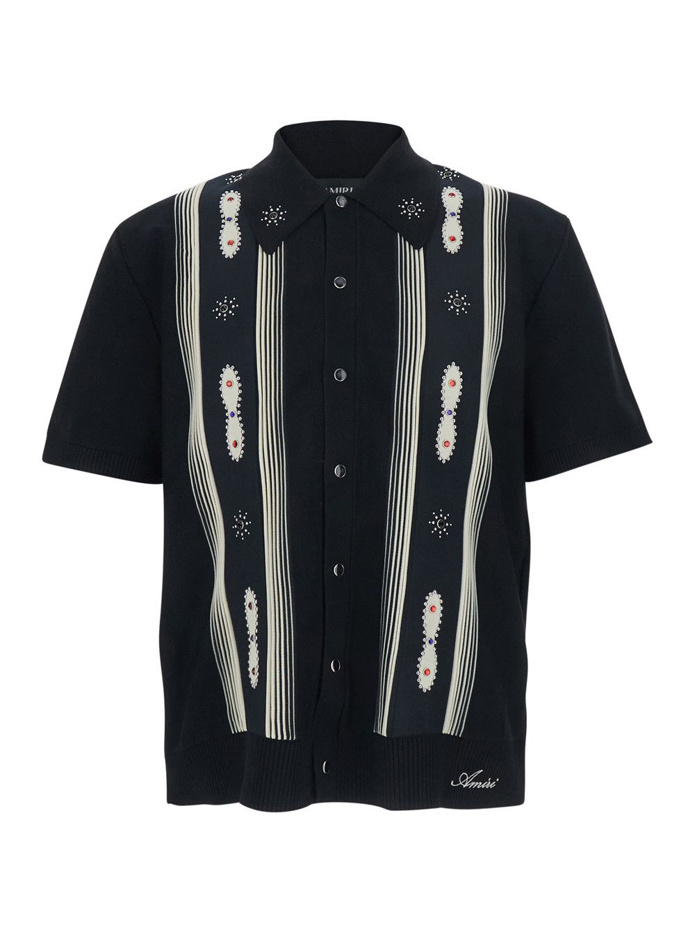 Black Shirt with Pointed Collar and Beaded Front Detail in Cotton Blend Man