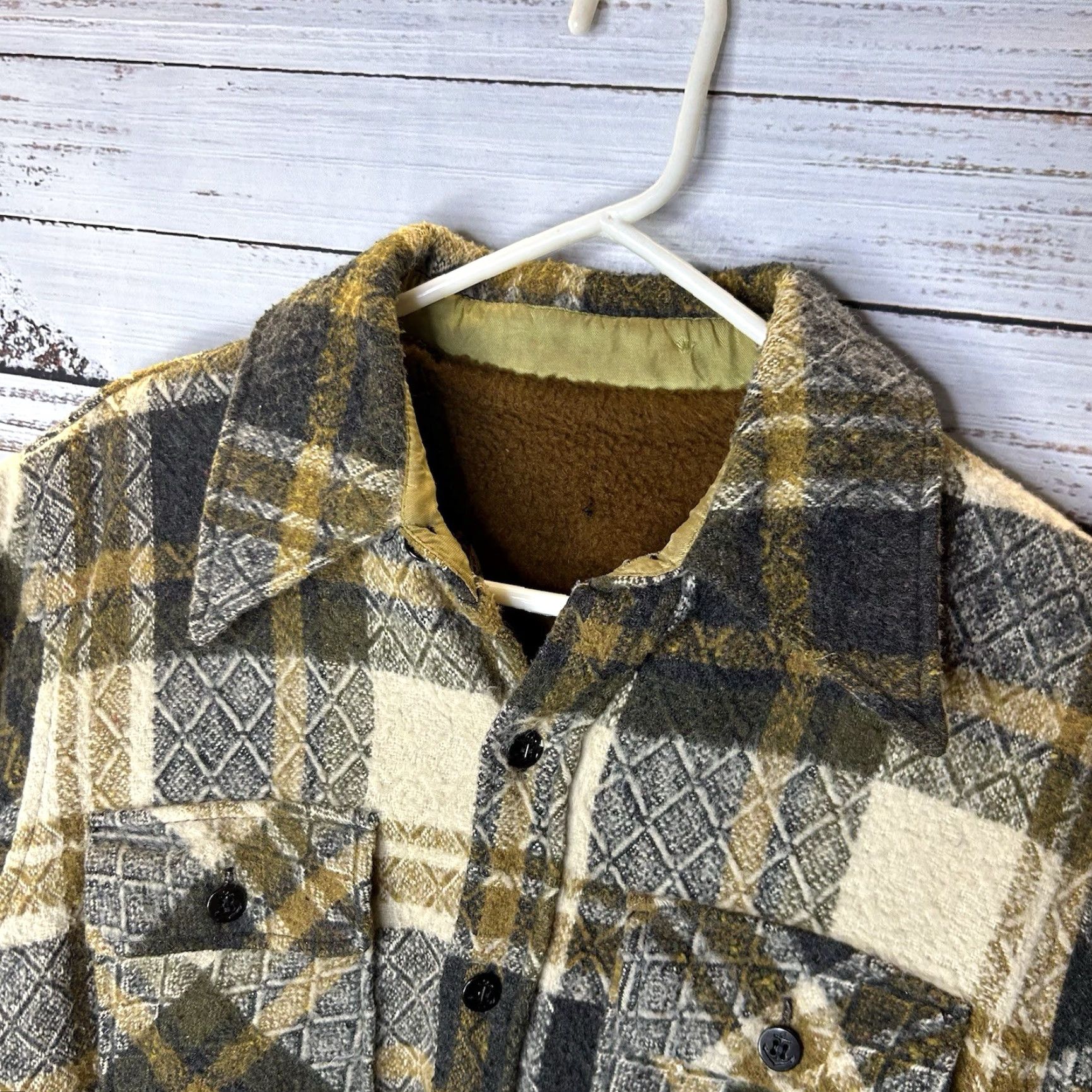 Vintage VINTAGE National Shirt Shops Shirt Jacket Shacket Flannel Button-Up Beige 50s Plaid Medium Men Buttons Missing Pockets 2 Front Size US M / EU 48-50 / 2 - 6 Thumbnail