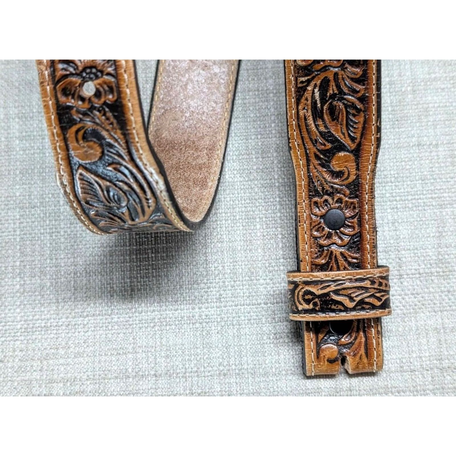 Tony Lama VINTAGE Tony Lama Belt Buckle Western Belt, Leather, 28, Brown, Floral, USA Made, Cowboy, Ranger, Full Grain Cowhide, 1-3/8" Wide, Mens Size 28 - 2 Thumbnail