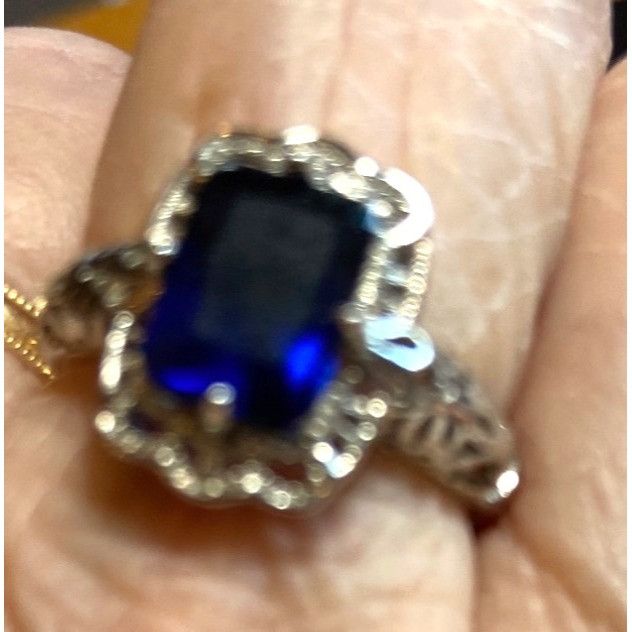 Other Silver tone Ring W/Rectangular Tested Sapphire Stone & Cryst Size ONE SIZE - 12 Thumbnail