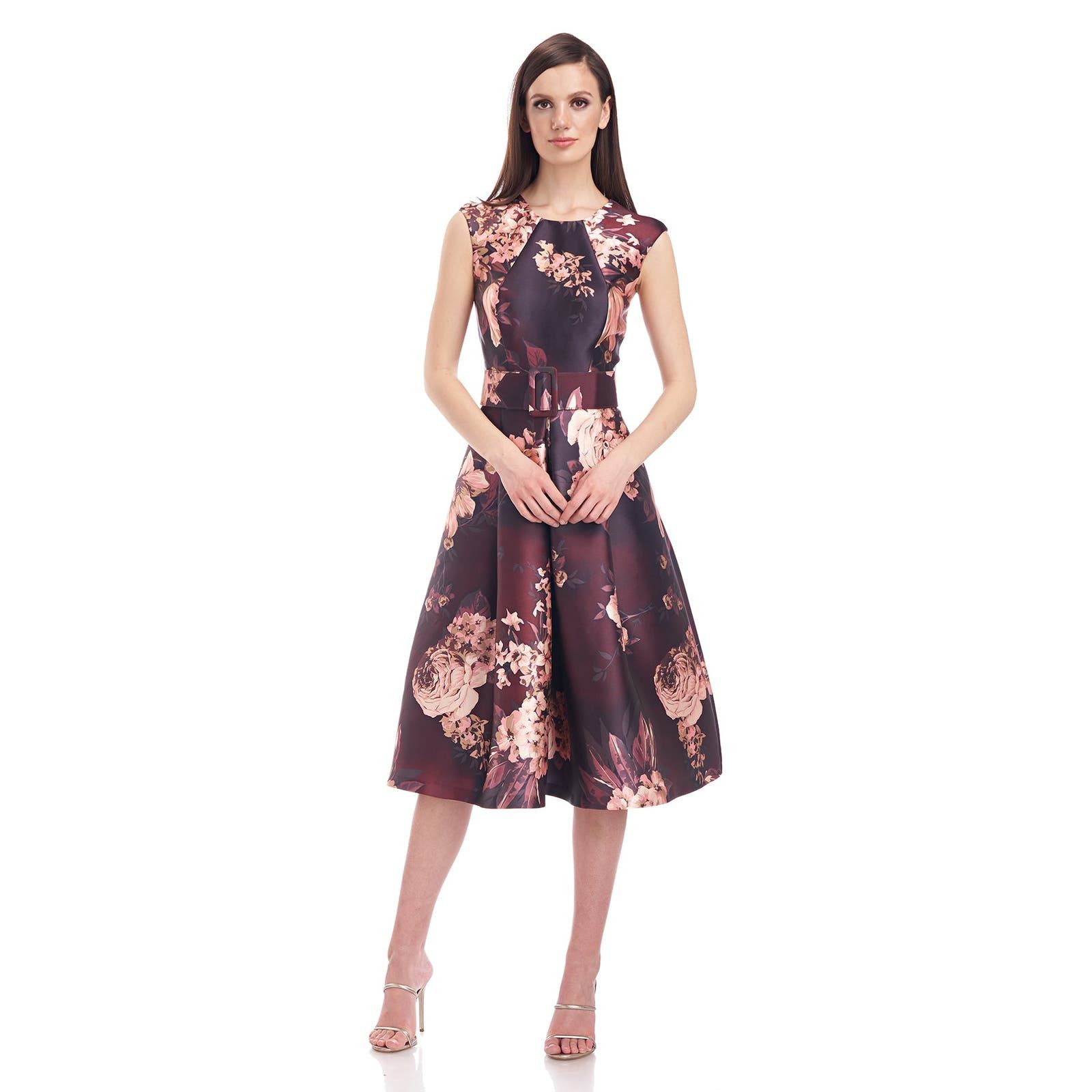 image of Kay Unger Floral Merlot Tulip Dress | Size 4 in Purple, Women's