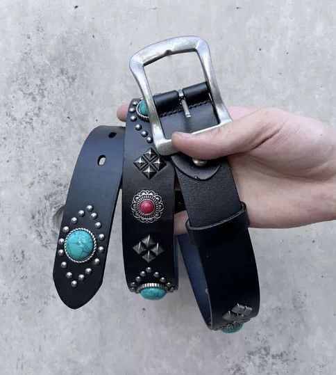 Japanese Brand × Vintage Retro punk design gemstone beaded leather buckle belt Size ONE SIZE - 1 Thumbnail