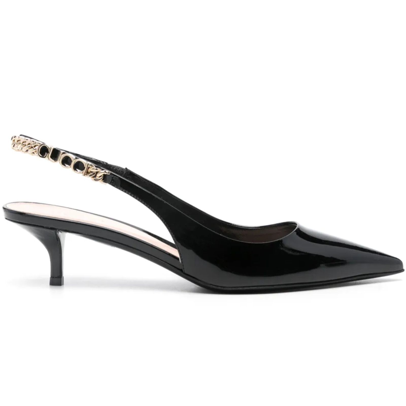 Gucci Signoria Gold Chain Slingback Kitten Heel Pumps 38.5 in Black, Women's