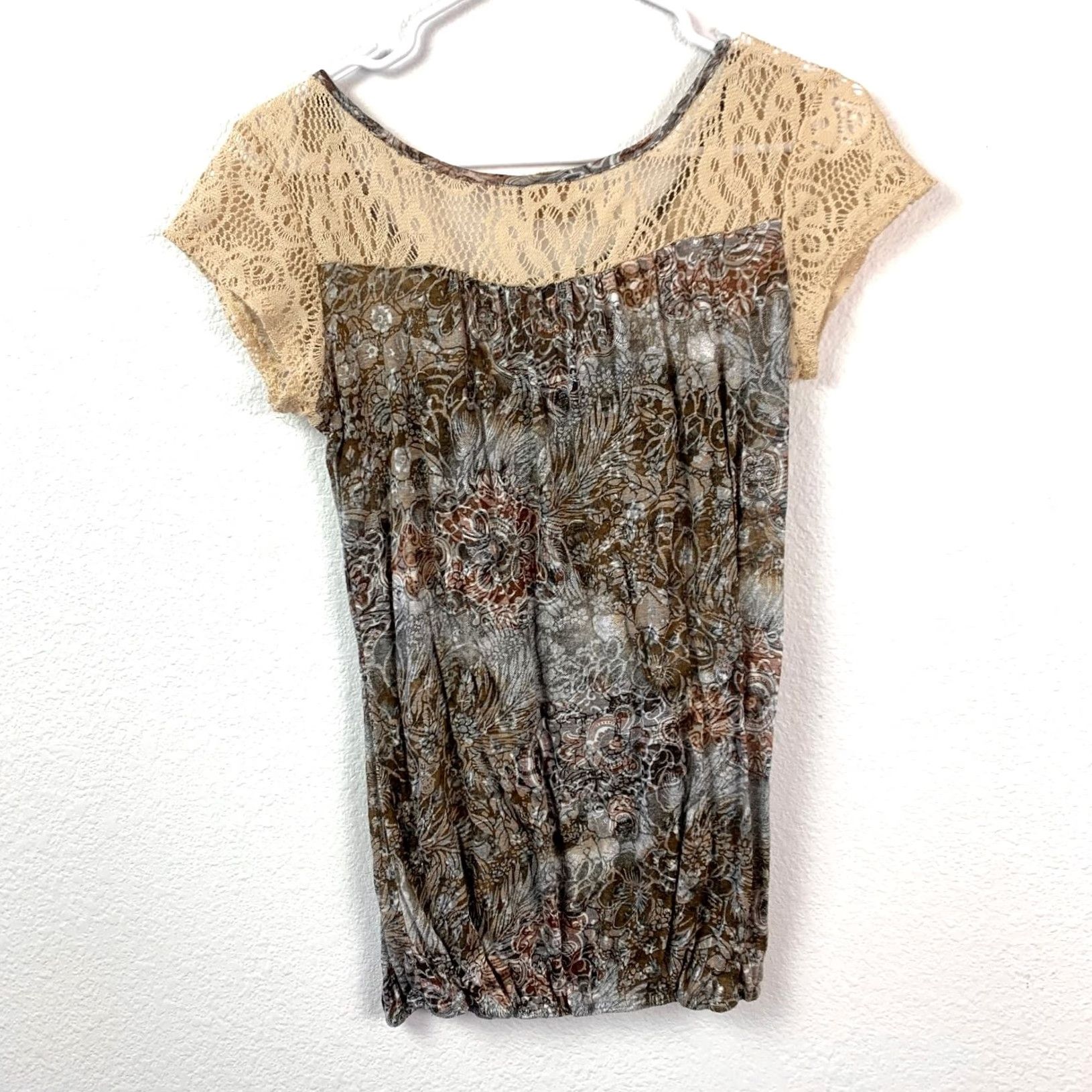 Vintage Y2K Daytrip Women's Vintage Lace Yoke Boho Top Short Sleeve Blouse Size S / US 4 / IT 40 - 6 Thumbnail
