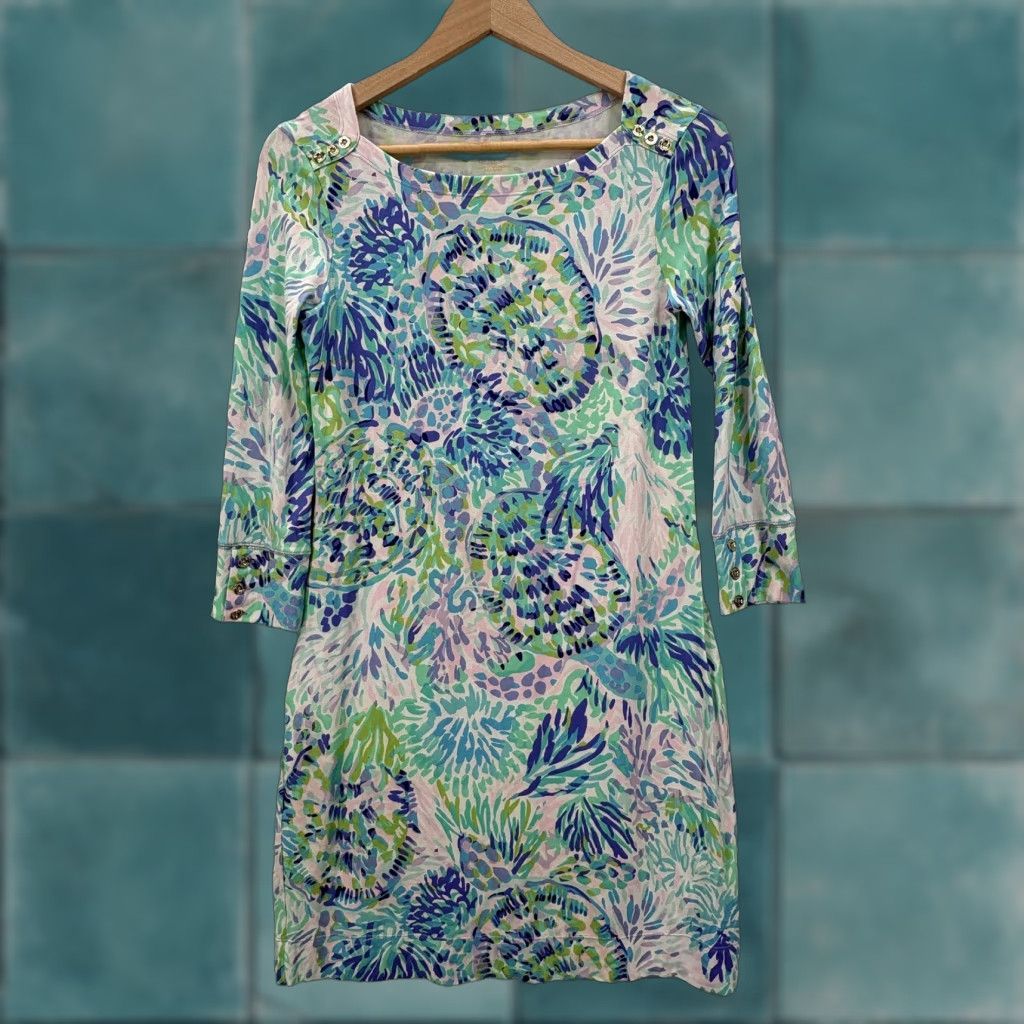 Lilly Pulitzer Lilly Pulitzer Dress Womens XS Blue Green Floral 3/4 Sleeve Shift Preppy Sophie Size XS / US 0-2 / IT 36-38 - 1 Thumbnail