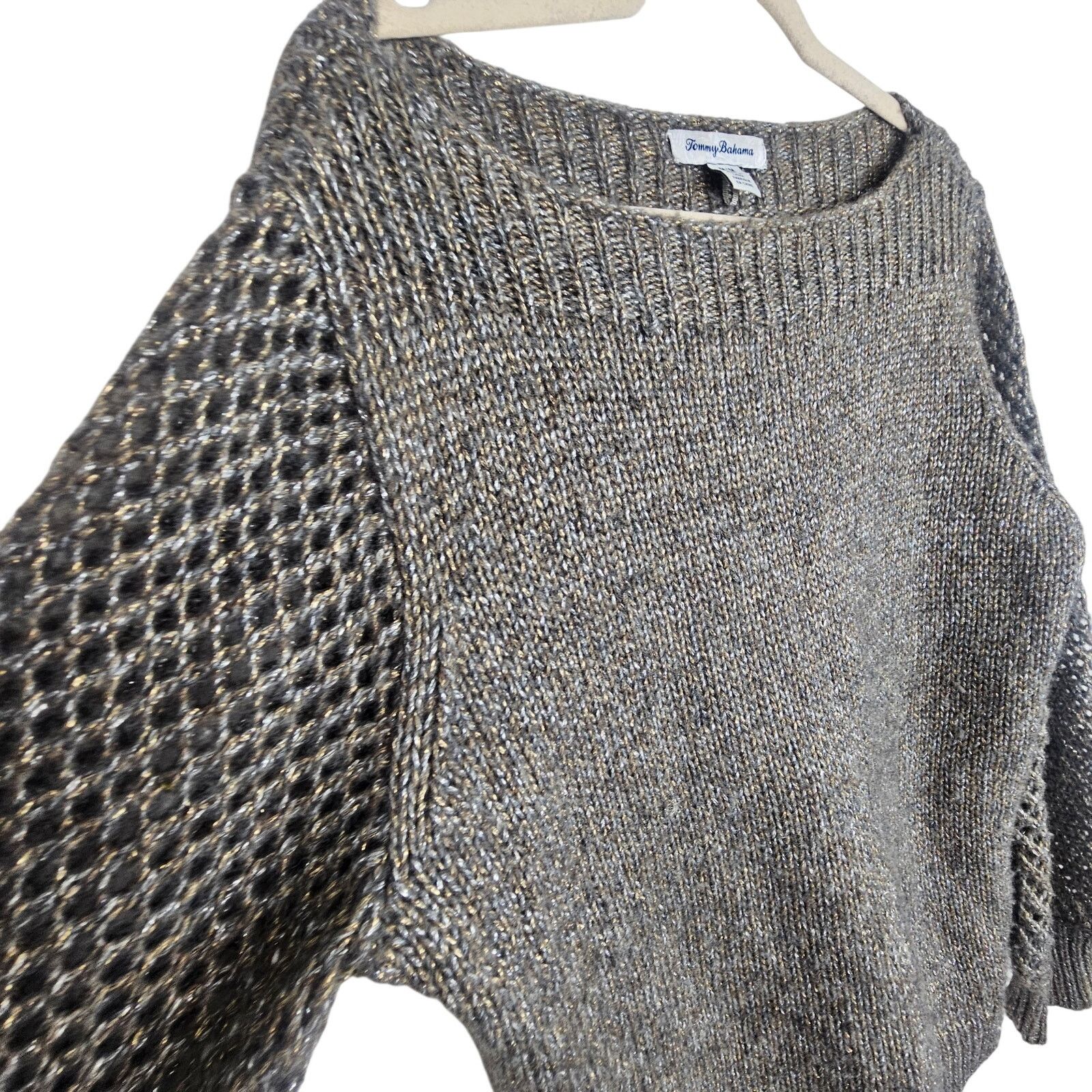 Tommy Bahama Women Wool Metallic Sweater M Open Knit Sleeves