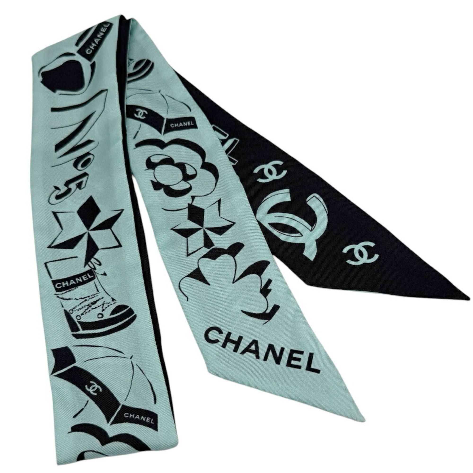 Chanel CHANEL Bandeau Ribbon Silk Green Black Women's Scarf/Muffler Coco Mark Camellia Hairband Size ONE SIZE - 1 Thumbnail