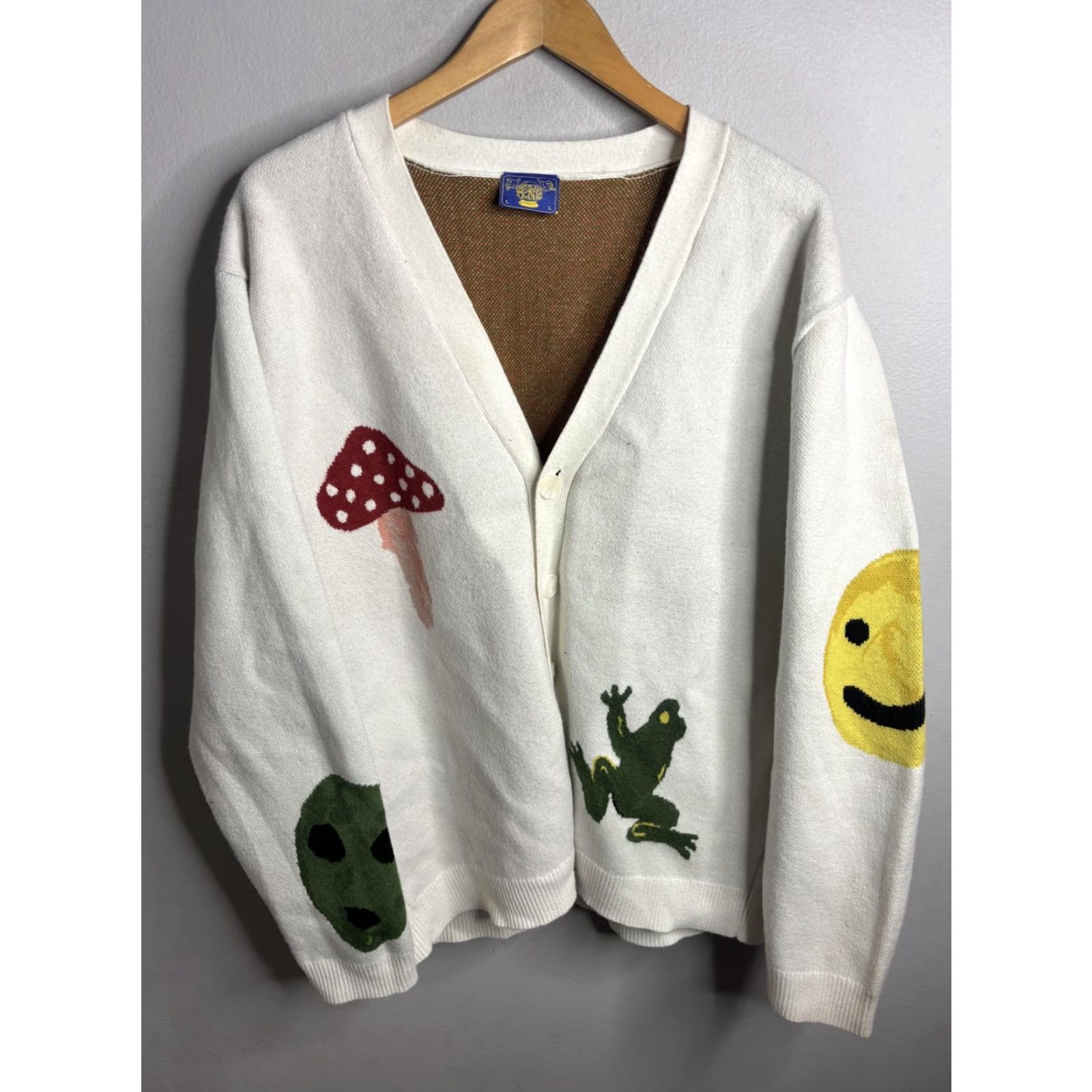 Vintage Coney Island Picnic Cardigan Sweater Mens Large White Graphic Frog Mushroom Size US L / EU 52-54 / 3 - 2 Thumbnail