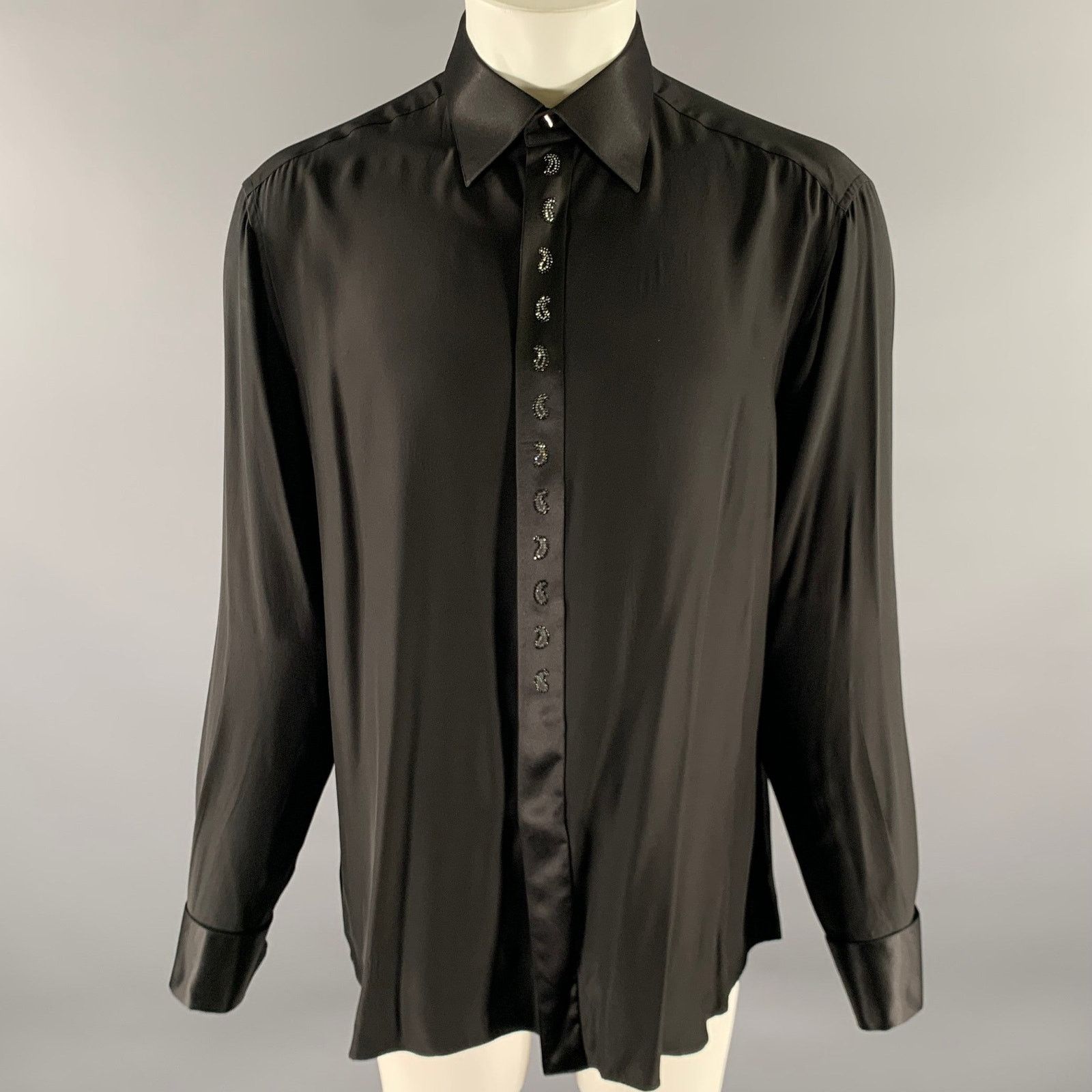 Stefano Ricci STEFANO RICCI XL Black Silk Hidden Placket Long Sleeve Shirt Size 44L - 1 Thumbnail