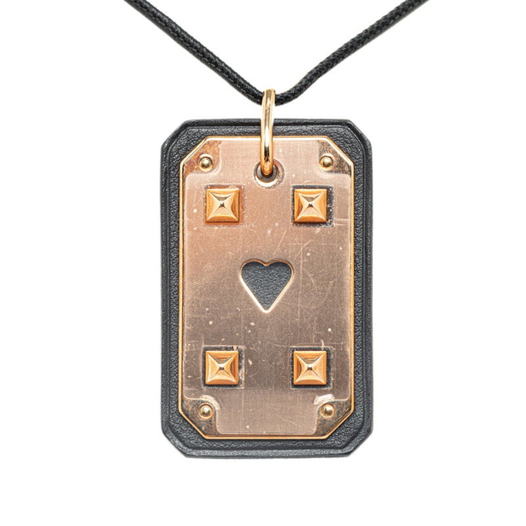 image of Hermes Ace Of Hearts Necklace Black Pink Gold Swift Leather Women's